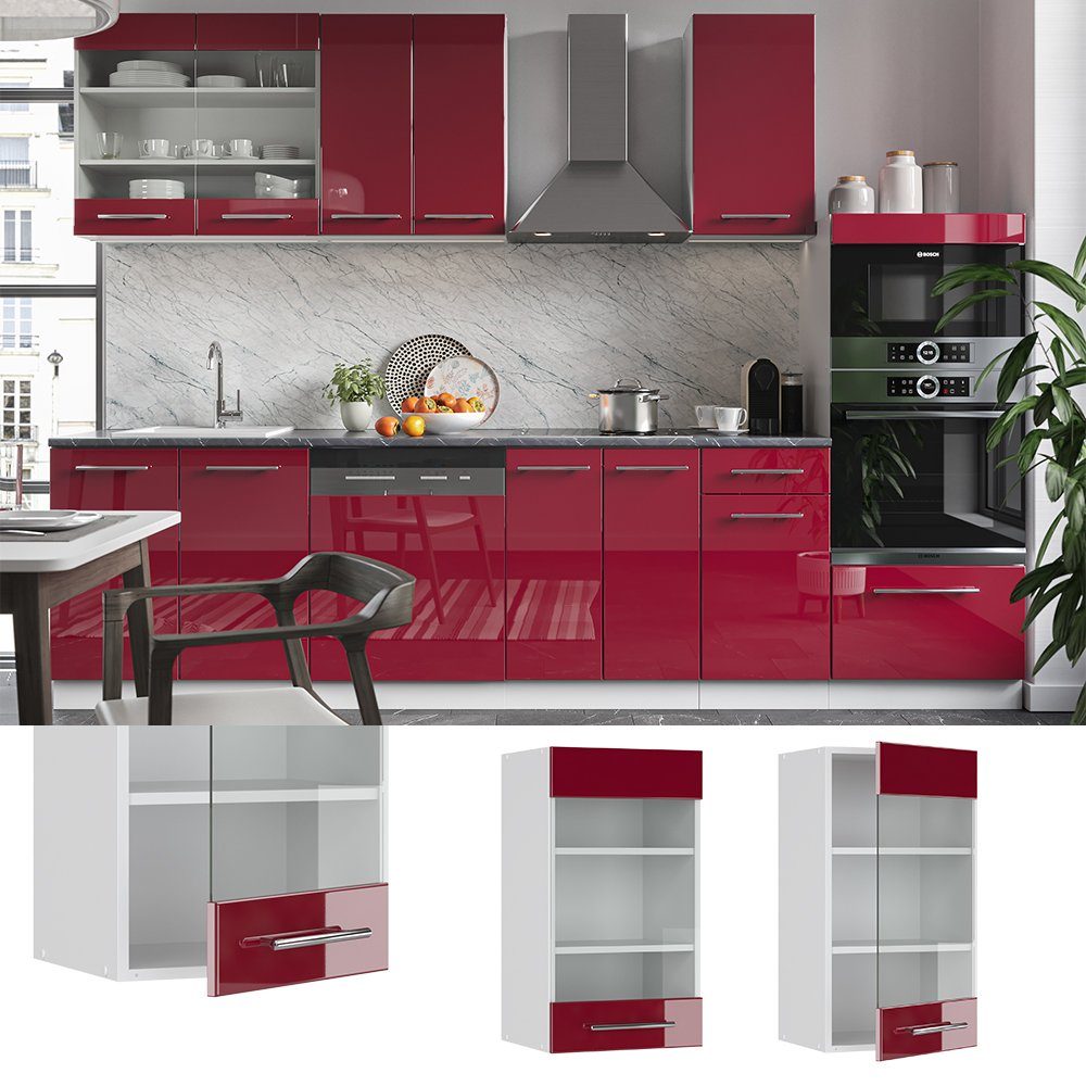 Vicco Glashängeschrank Hängeschrank Küche 40 cm Fame-Line Weiß Bordeaux Hochglanz