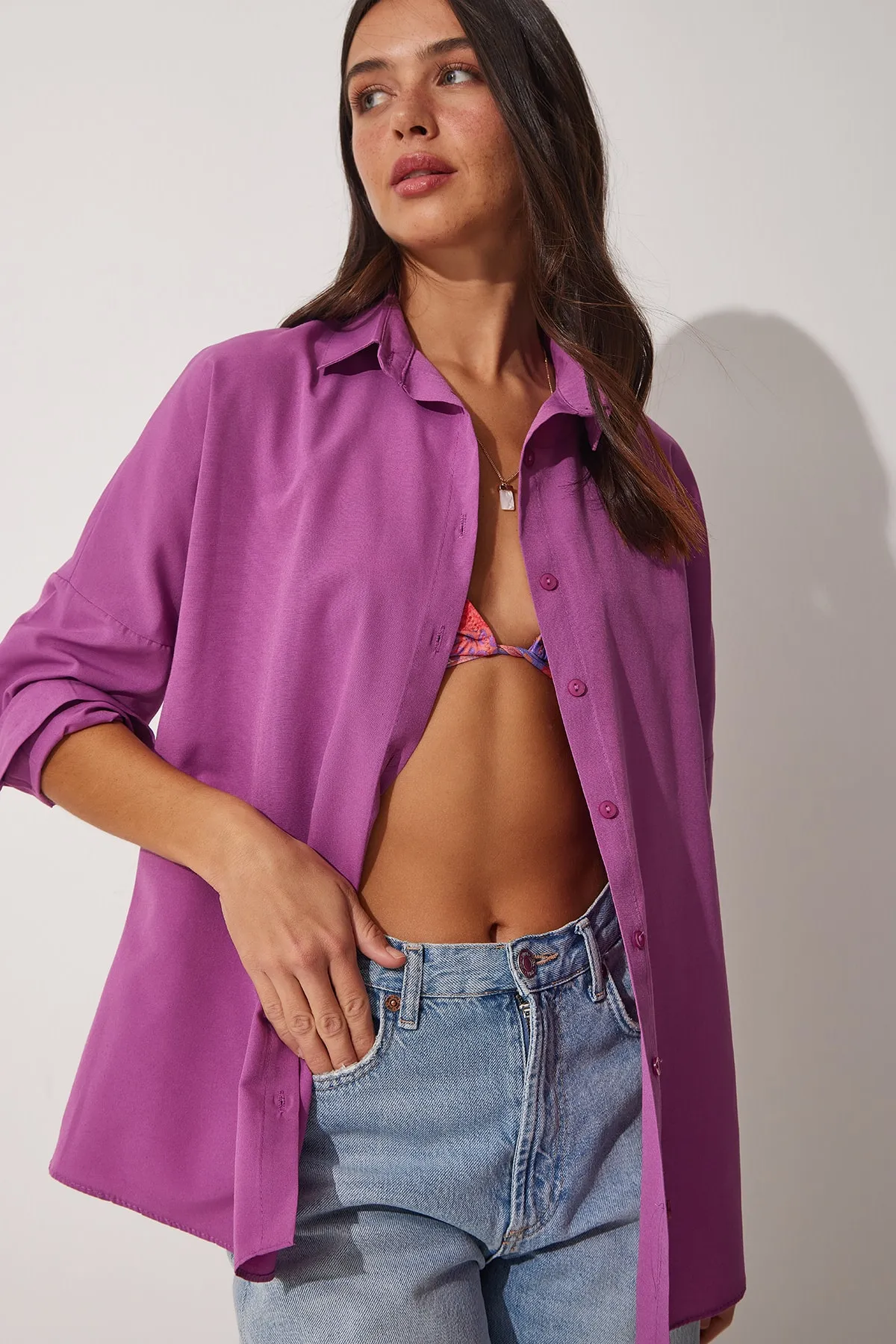 Happiness İstanbul  Damen Mittelflieder Oversize Langes Basic Shirt DD00842