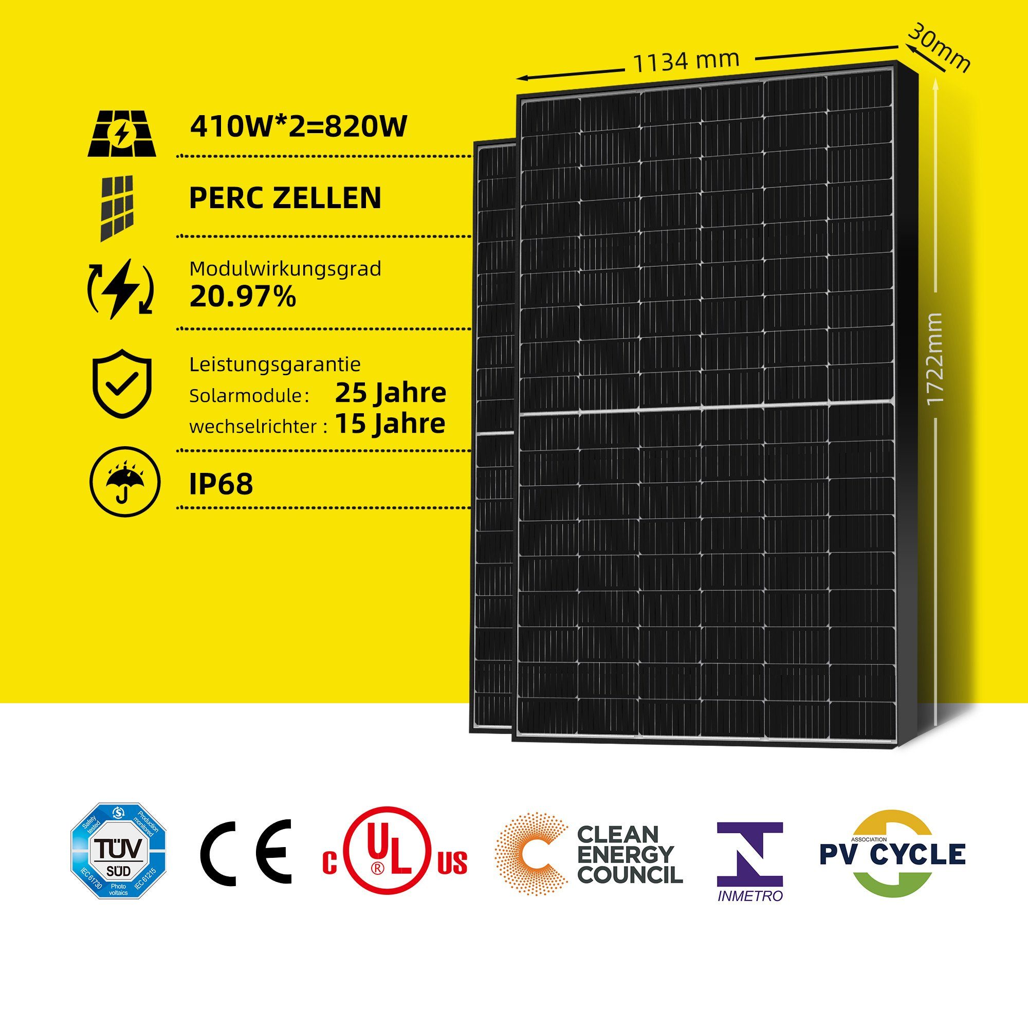E.For.U Solarmodul Balkonkraftwerk 820W, 800W Komplett Steckdose, 800,00 W, Monokristallin, (mit 2x 410W Solarmodule, Wechselrichter Deye 800W mit Wifi-App, 600W/800W einstellbar), 0% MwSt
