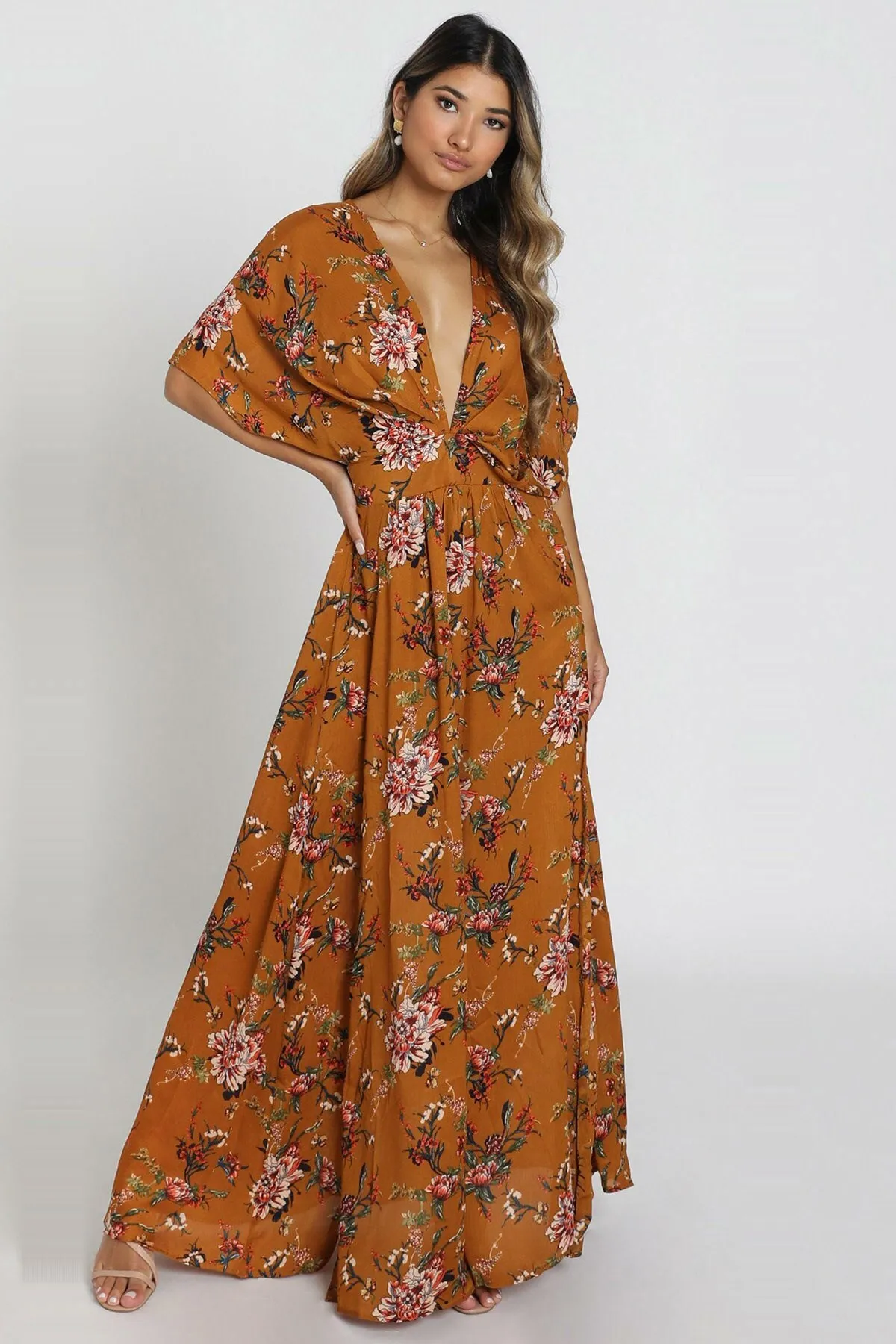 Madmext  Langes Kleid mit Senfmuster und Schlitz und detailliertem Muster Mg1698
