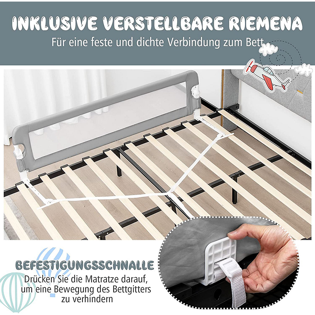 Bettschutzgitter klappbar 150 cm mit Verbindungsriemen