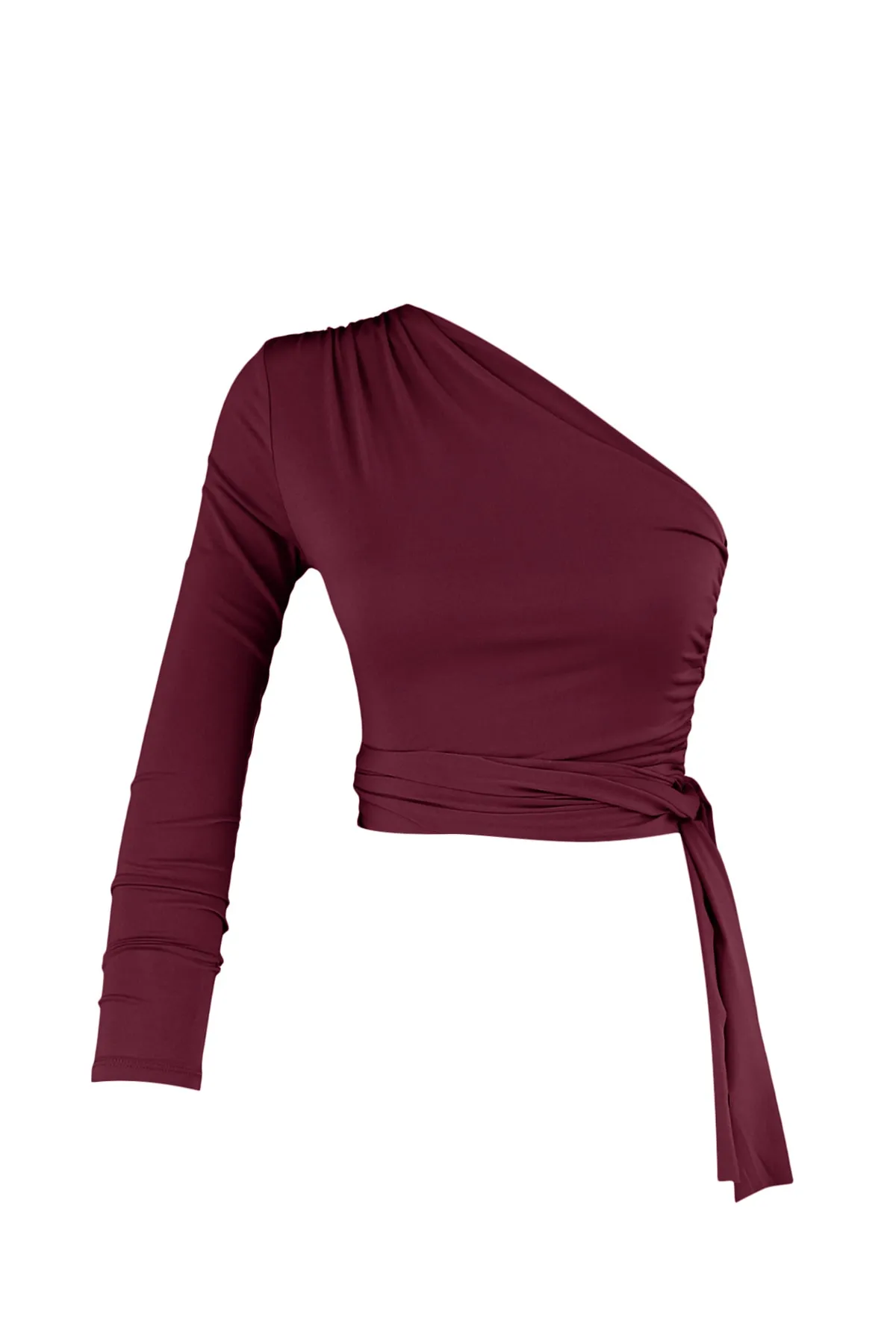 Trendyol Collection  Weinrote, schmal geschnittene, elastische Strickbluse mit einem Ärmel und detailliertem Bindeband TWOAW23BZ00094