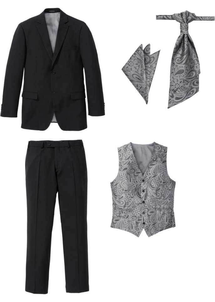 Anzug (5-tlg. Set): Sakko, Hose, Weste, Plastron, Einstecktu