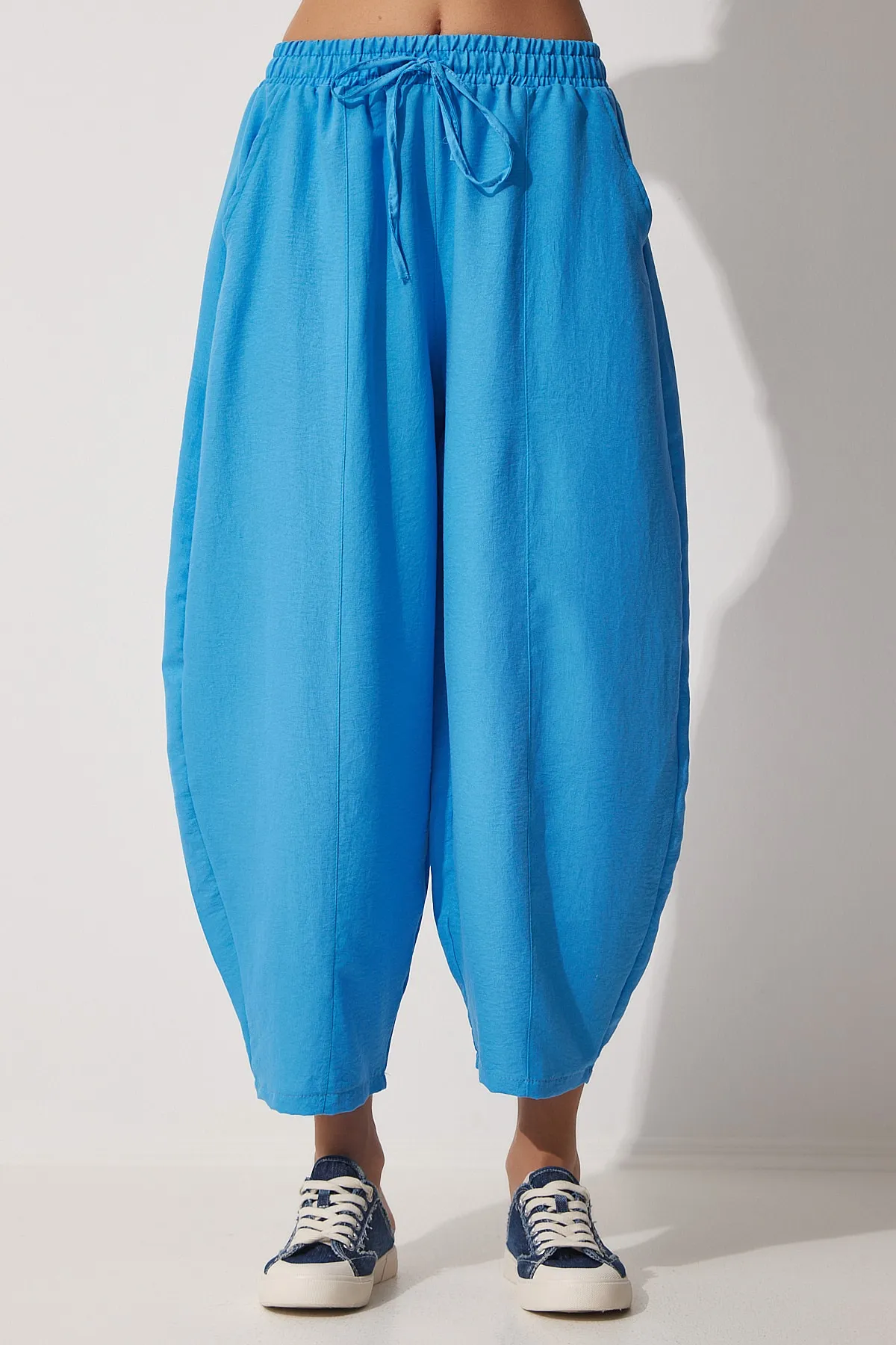 Happiness İstanbul  Blaue Leinen-Shalwar-Hose für Damen DZ00081