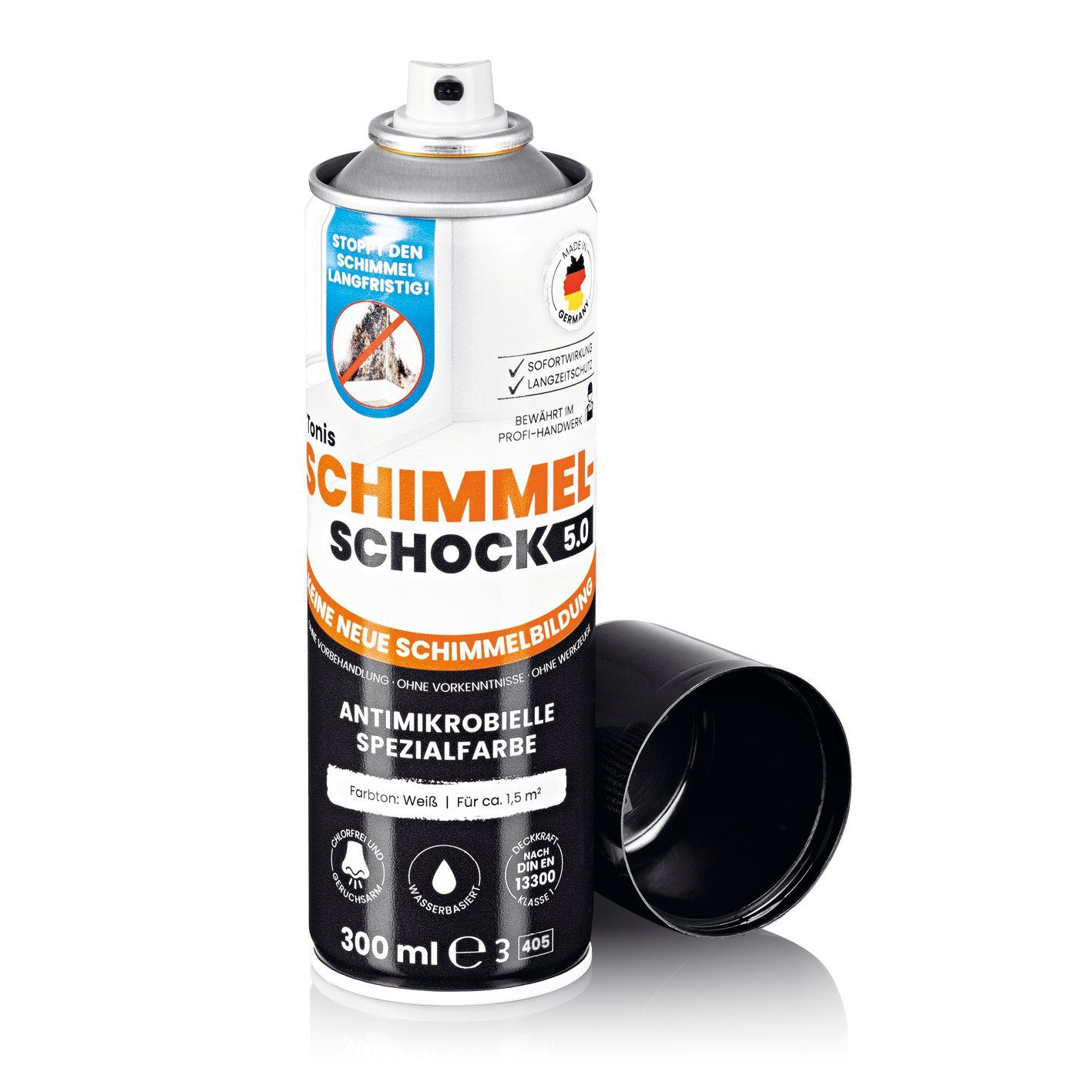 Tonis SCHIMMELSCHOCK Sprühfarbe 5.0 Antimikrobielle Spezialfarbe, gegen Schimmelflecken, verhindert Wachstum von Schimmelsporen 300ml