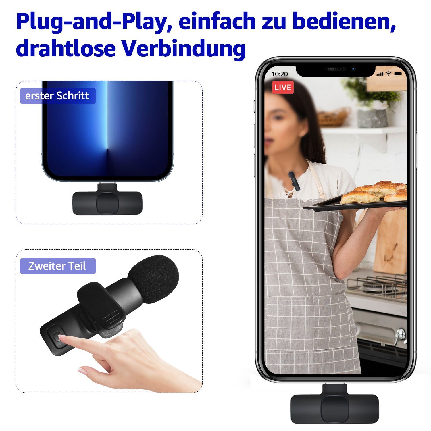7Magic Streaming-Mikrofon Lavalier Mikrofon Kein Bluetooth oder App, Kabellos Handy Ansteckmikrofon. Rauschunterdrückung