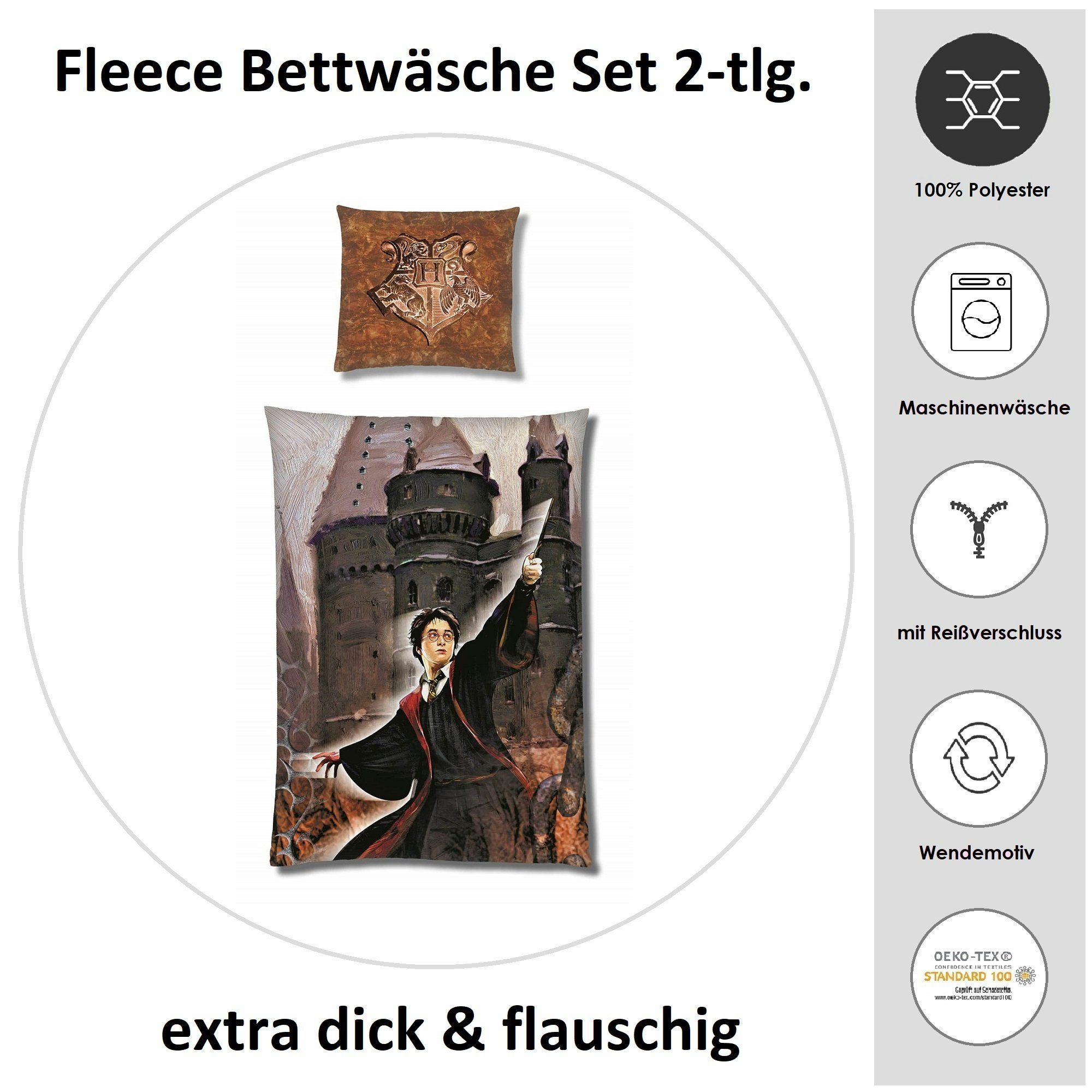 Kinderbettwäsche Harry Potter 135x200 80x80 cm, extra flauschig mit Reißverschluss, Familando, Fleece, 2 teilig, mit Hogwarts Wappen auf Kopfkissen und Wendeseite