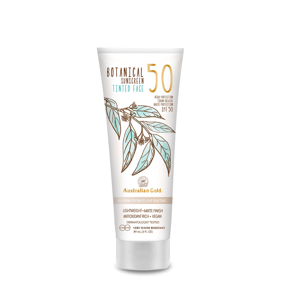 australian gold SPF 50 Lotion botanique teintée pour visage - light 88 ml Crème solaire botanique pour visage avec autobronzant