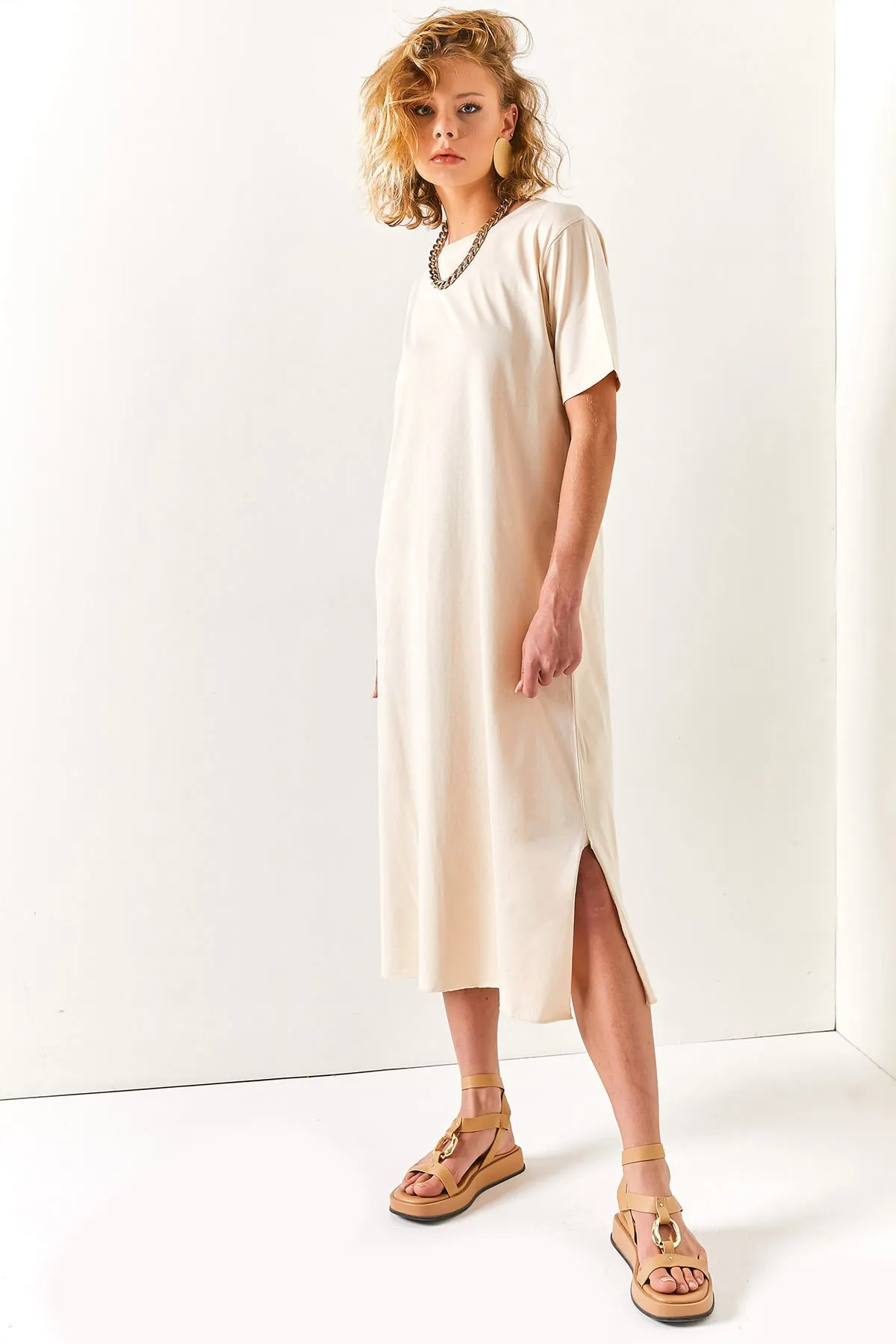 Olalook  Damen-Stone-Side-Slit-Oversize-Baumwollkleid ELB-19001880