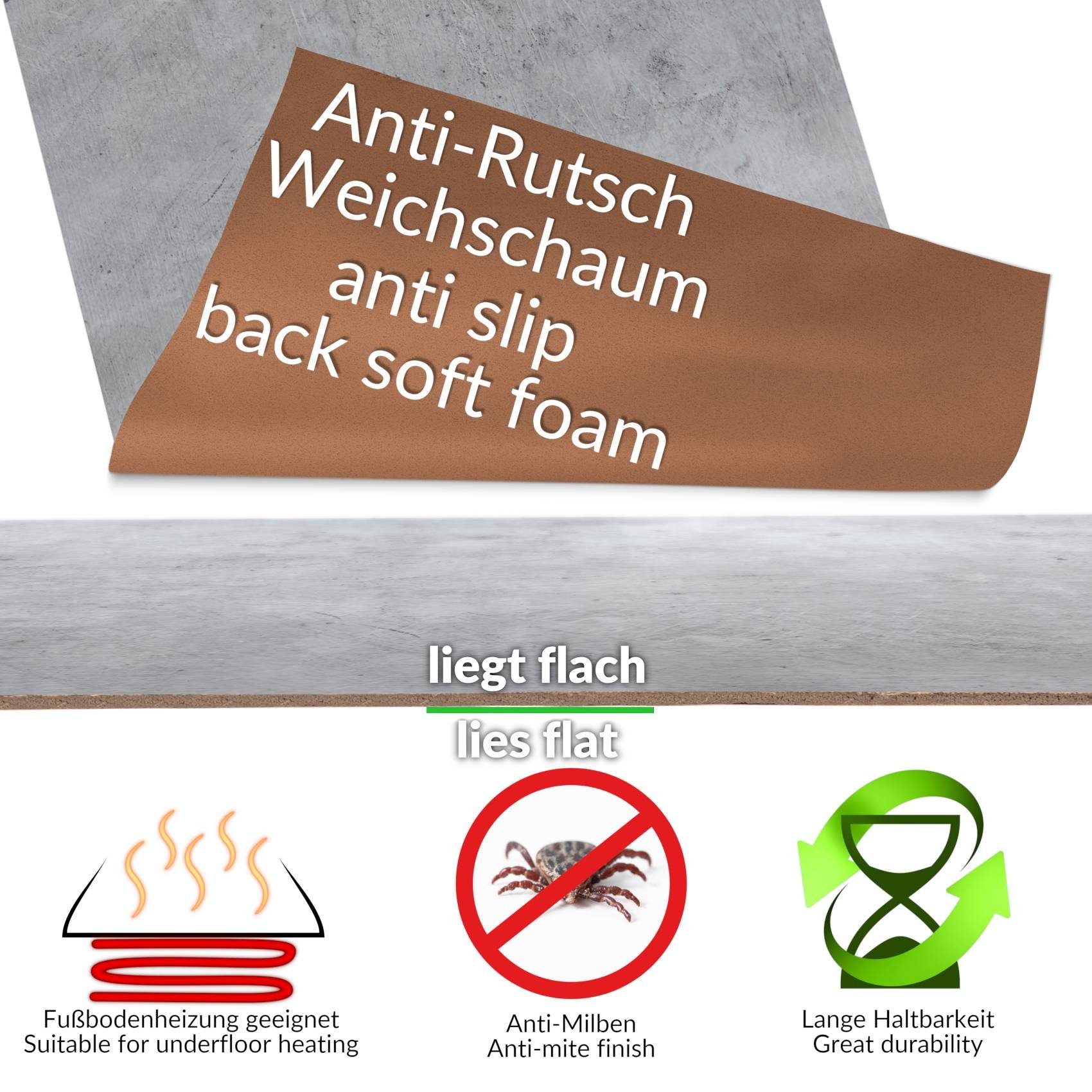 Küchenläufer Küchenläufer Küchenteppich Teppichläufer Läufer EADA Betonoptik Grau, ANRO, Rechteckig, Höhe: 3 mm, Genarbt PVC