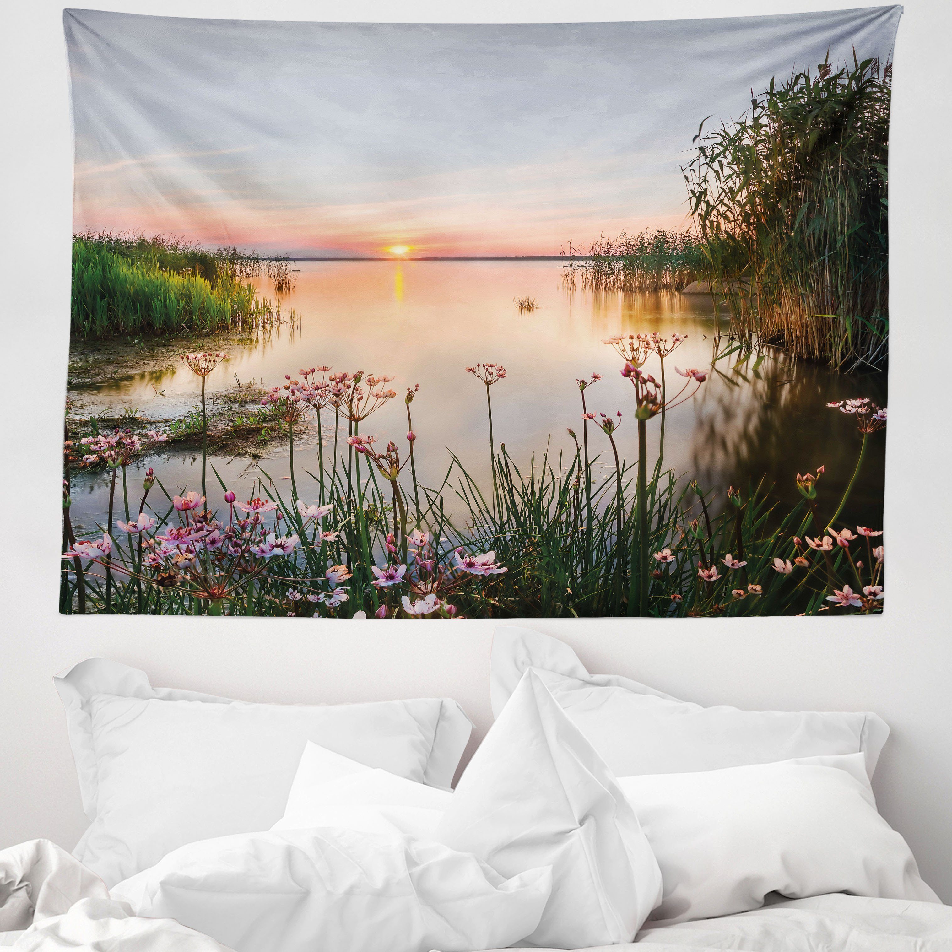Wandteppich aus Weiches Mikrofaser Stoff Für das Wohn und Schlafzimmer, Abakuhaus, rechteckig, Natur Sonnenuntergang am See Chudskoy