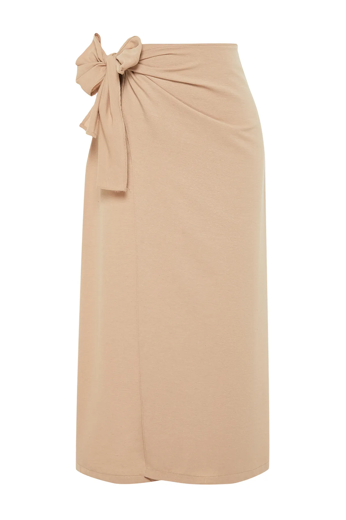 Trendyol Modest  Kamelfarbener, zweireihiger Rock mit Krawatte und gewebtem Leinen-Look und detaillierten Details TCTSS24EE00002