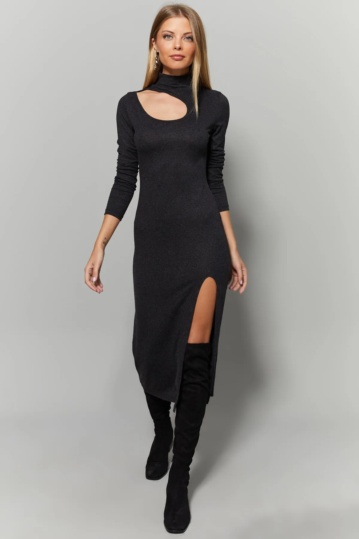 Cool & Sexy  Anthrazitfarbenes Damenkleid mit Kragen und Fensterschlitz Yİ1984