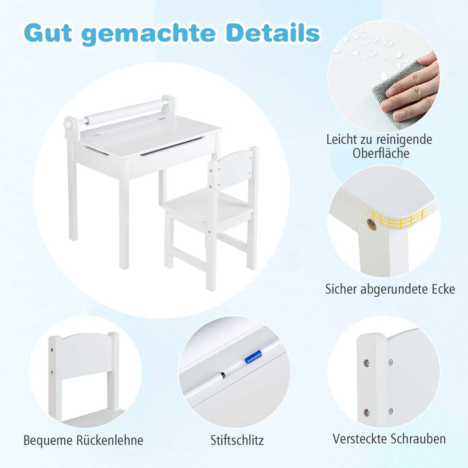 COSTWAY Kinderschreibtisch, mit Papierrollenhalter & Stuhl