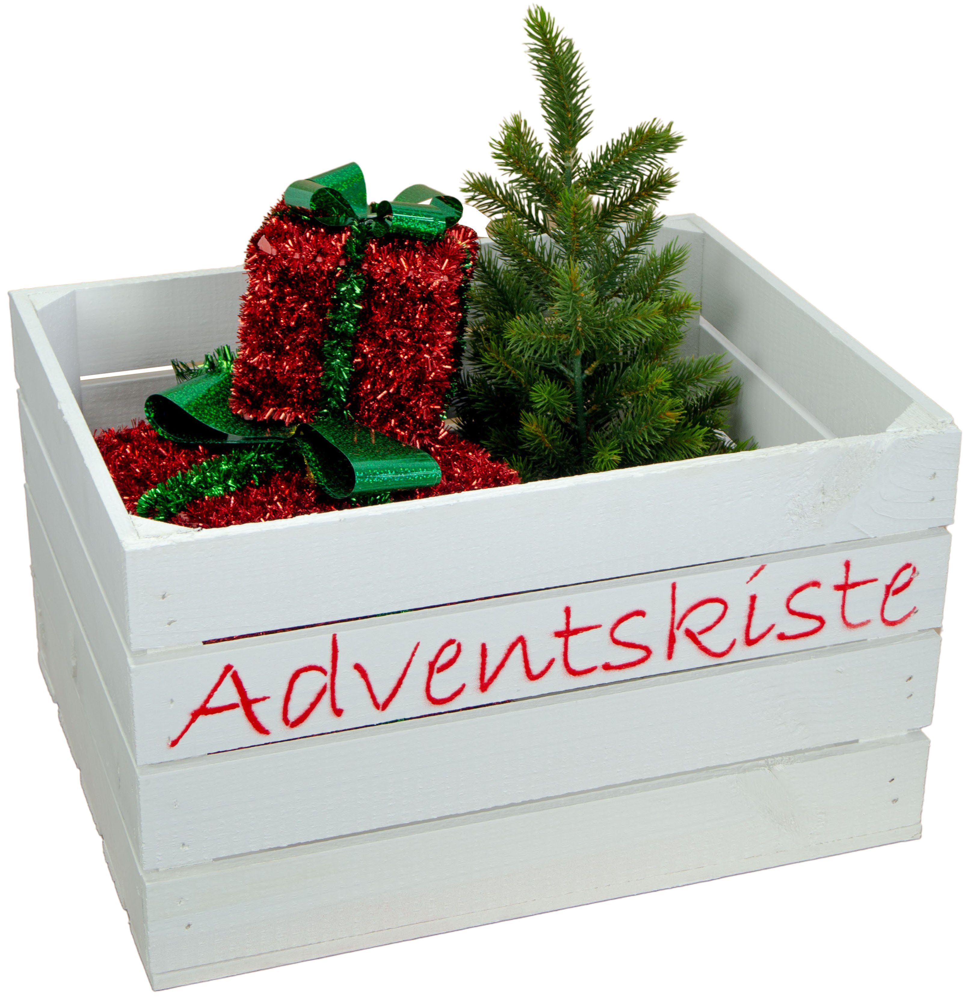 Kistenkolli Altes Land Allzweckkiste Adventskiste weiss mit roter Aufschrift Weinkiste Holzkiste Weihnachts