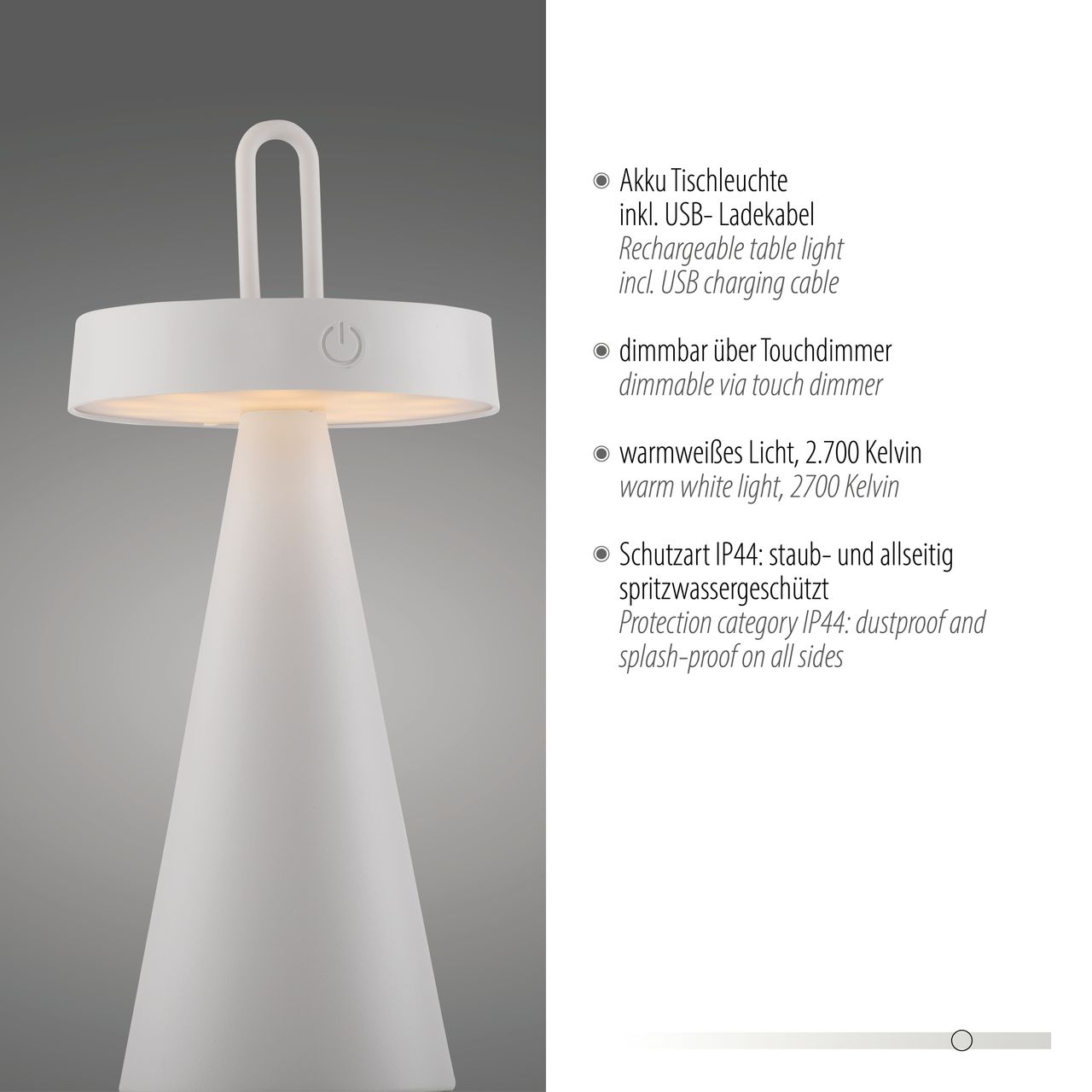 JUST LIGHT Akku Tischleuchte ALWA, 1x LED-Board/1,50Watt/2700Kelvin, IP44, Weiss