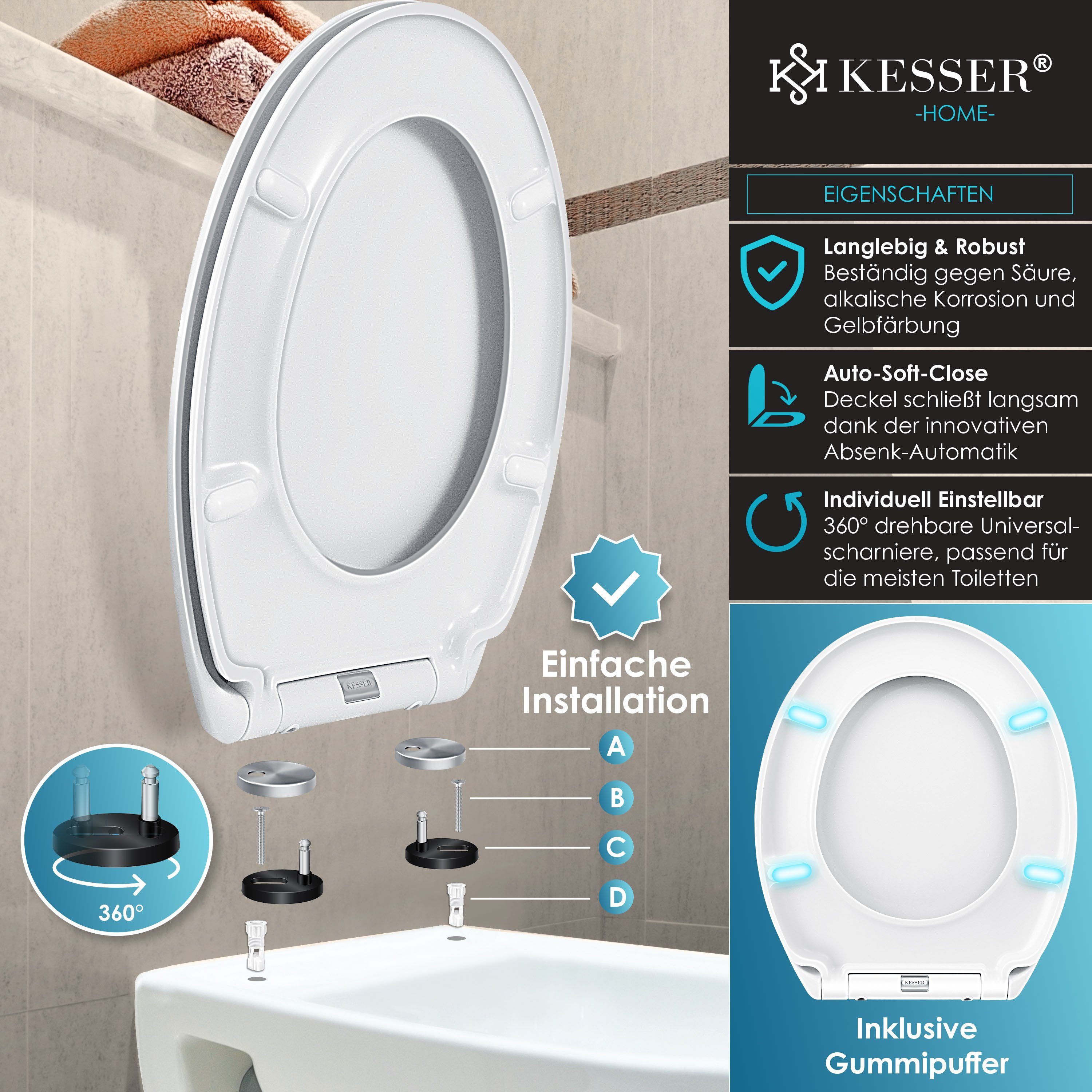 KESSER WC-Sitz, WC Sitz mit Absenkautomatik Toilettendeckel Quick-Release