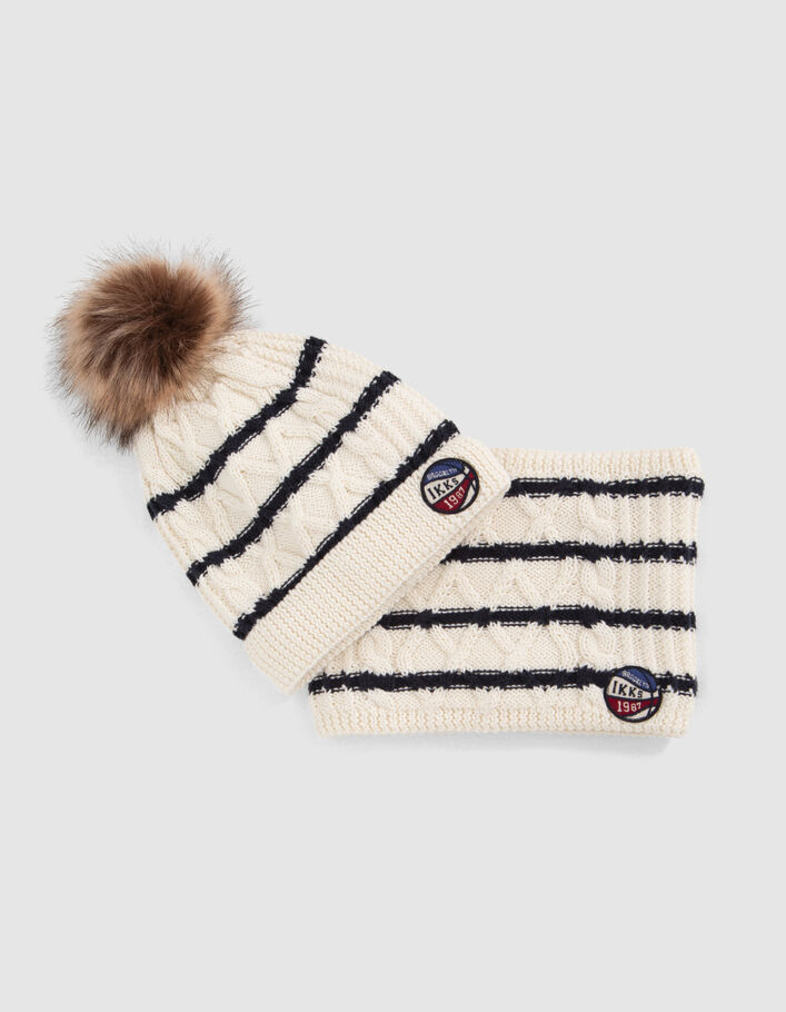 Bonnet et snood écru tricot rayé badge ballon bébé garçon