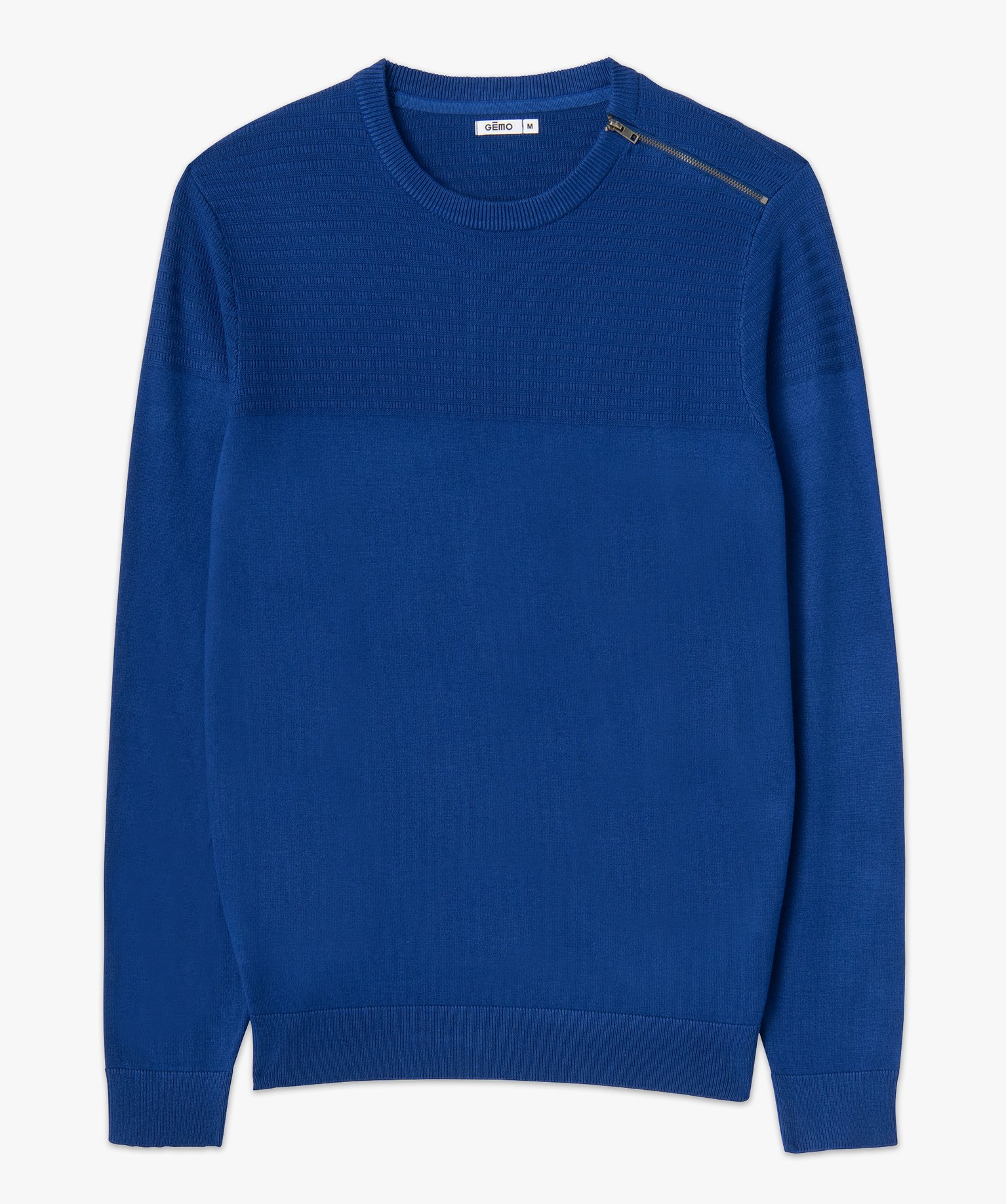Pull homme à col rond avec zip sur l'épaule bleu | GEMO