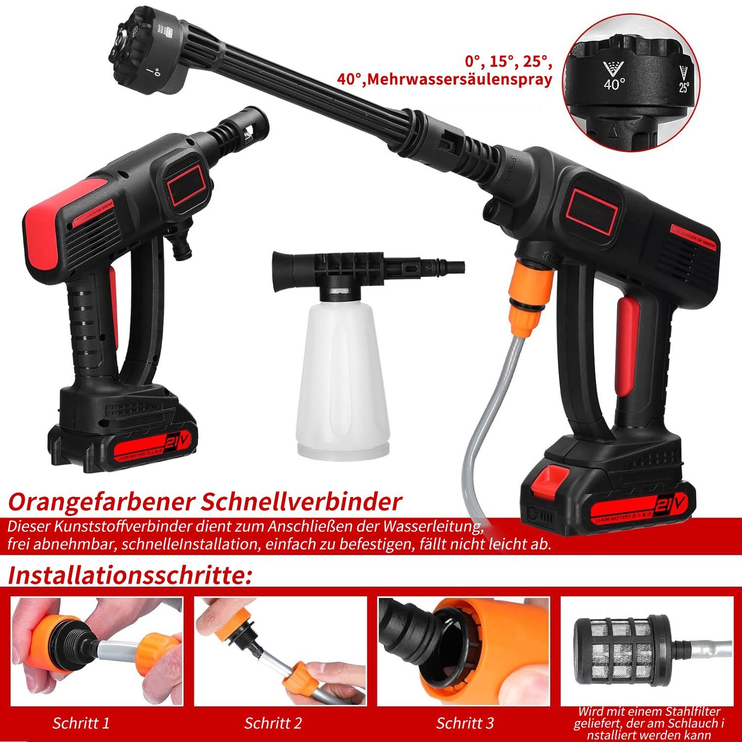 JOEAIS Hochdruckreiniger Akku Hochdruckreiniger Druckreiniger Mobiler Hochdruckreiniger Klein, 1800 mAh 21V mit 6-in-1 Multi-Sprühdüse 5M Schlauch mit 2 Batterien