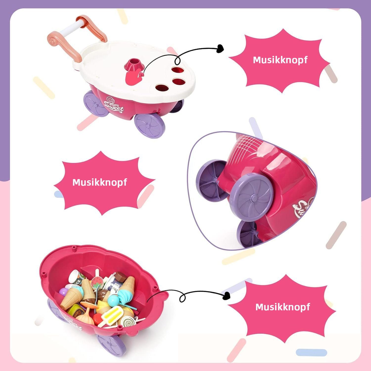 Wenta Lernspielzeug Kinder Eiswagen-Spielset (36-St., Eiscreme Verkaufsstand für Kinder ab 3 Jahren), Eisdiele Rollenspiel, Einkaufswagen & Eisladen