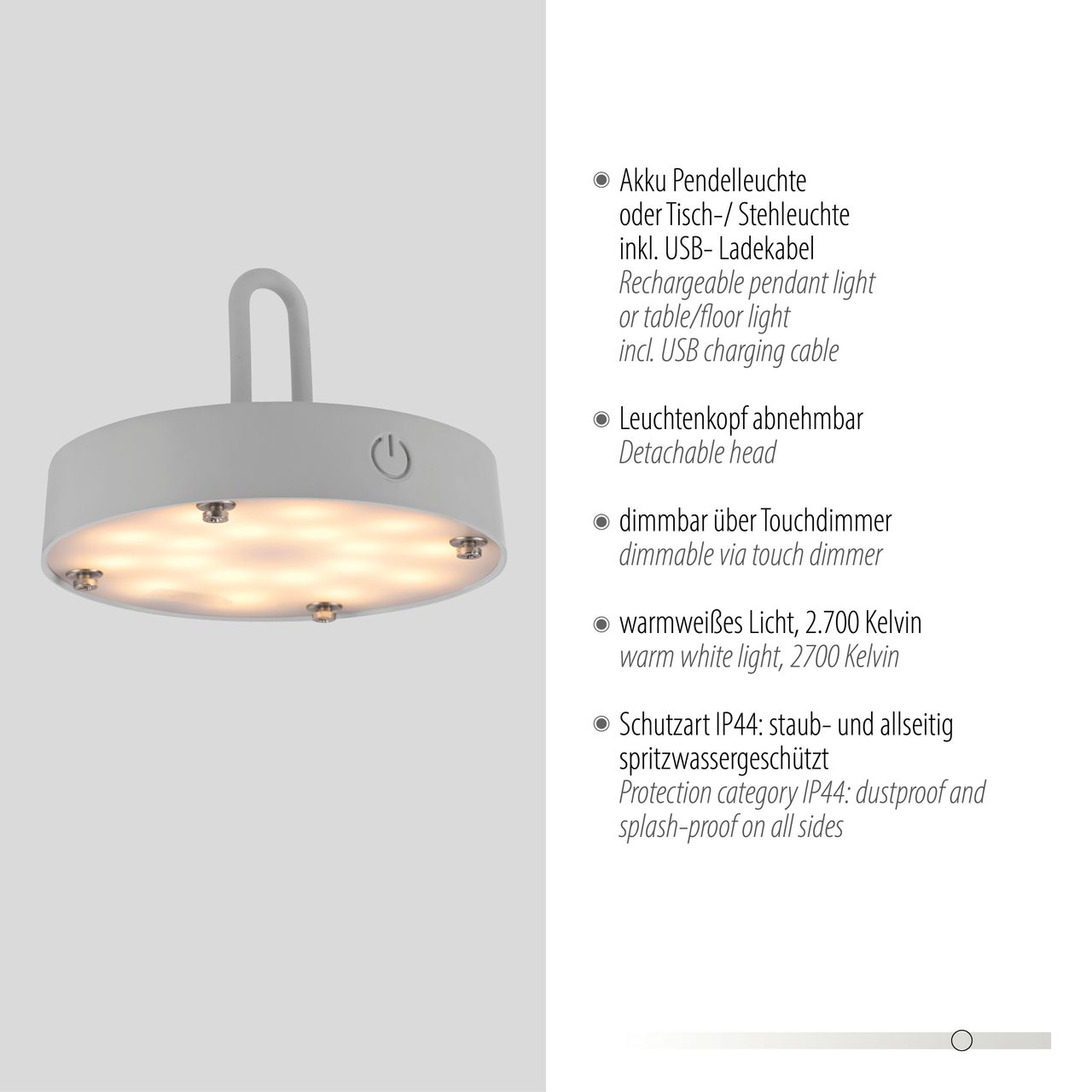 JUST LIGHT Akku Pendelleuchte AKUBA, 1x LED-Board/1,50Watt/2700Kelvin, IP44, Greige
