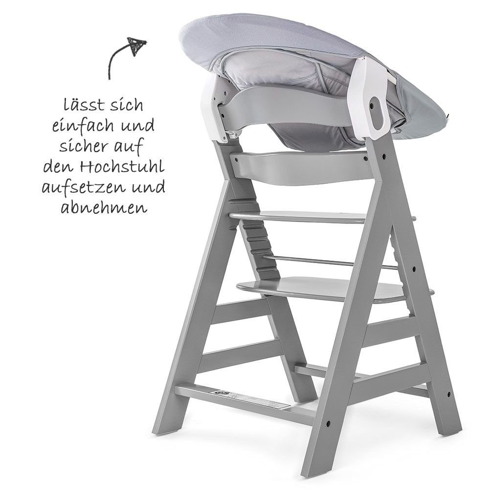 Hauck Hochstuhl Alpha Plus Grey - Newborn Set (Set, 4 St), Holz Babystuhl ab Geburt mit Aufsatz für Neugeborene höhenverstellbar