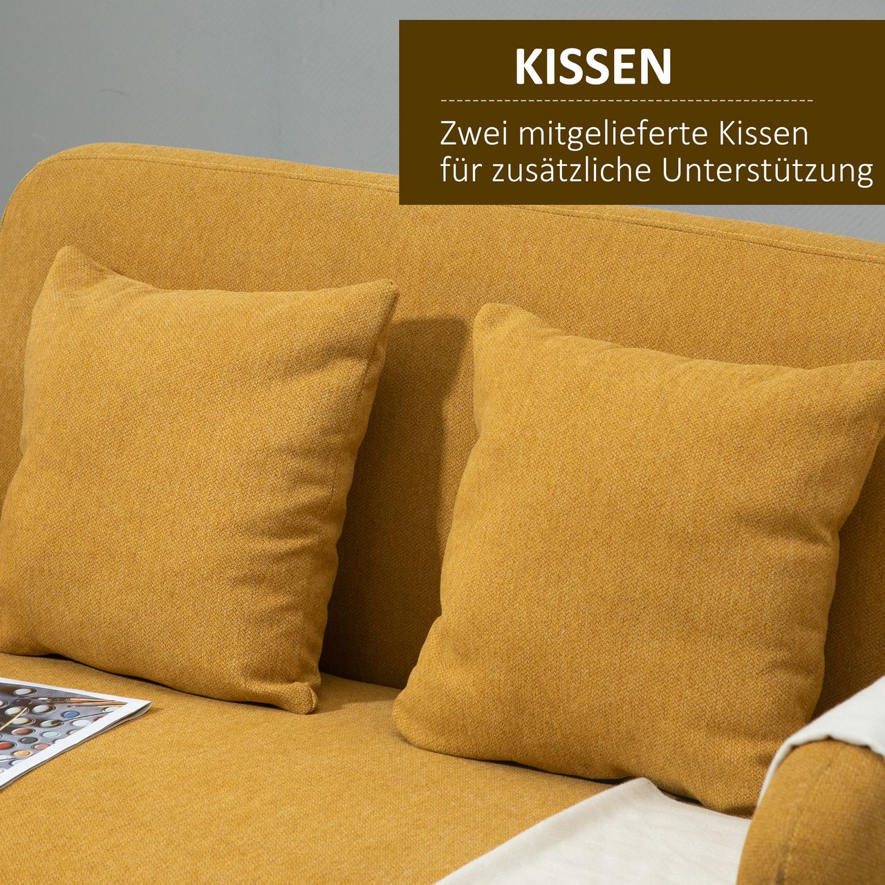 HOMCOM Doppelsofa Polsterung mit Kissen Stoff Loveseat kompaktes Design Moderne Zweisitzer einstellbare Höhe der Fußrasten samtartiges Polyester Gummiholz Schaumstoff Natur Gelb 130 x 70 x 80 cm