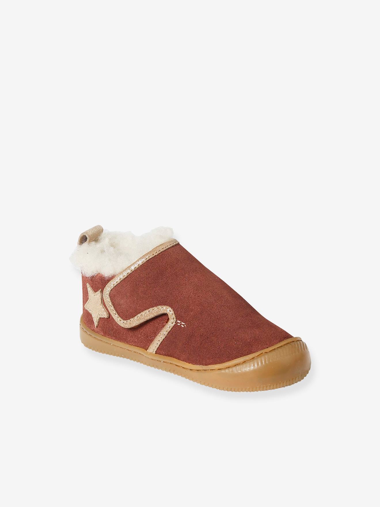 Chaussons fourrés scratchés bébé en cuir souple vieux rose