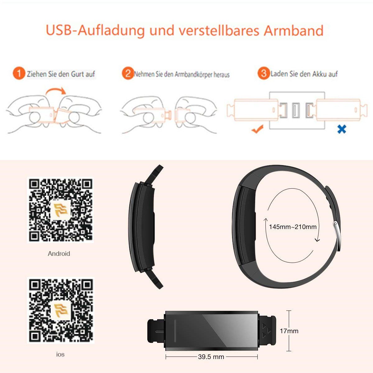 Insma Fitness-Tracker, Smart Armband IP67 Herzfrequenz Armbanduhr