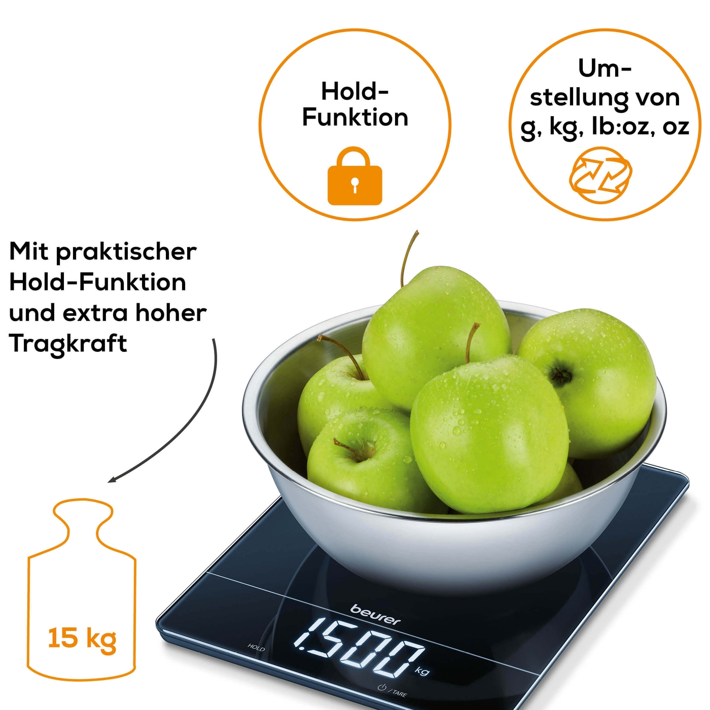 Beurer Küchenwaage KS 34-Edle Küchenwaage mit Glasoberfläche & Magic-Display - bis 15 kg