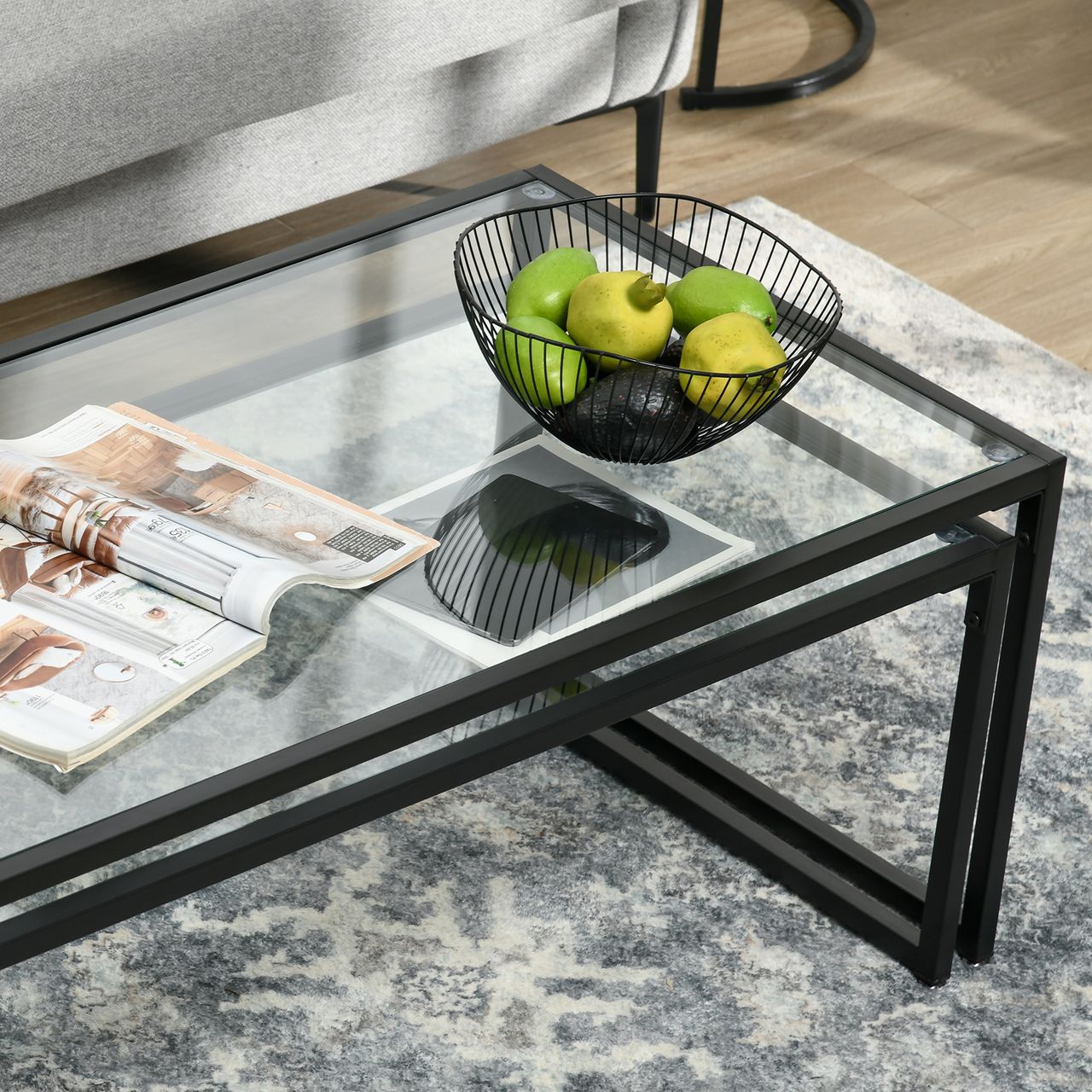 HOMCOM Couchtisch 2er-Set Beistelltisch, Kaffeetisch, Satztisch, Stahl, Schwarz