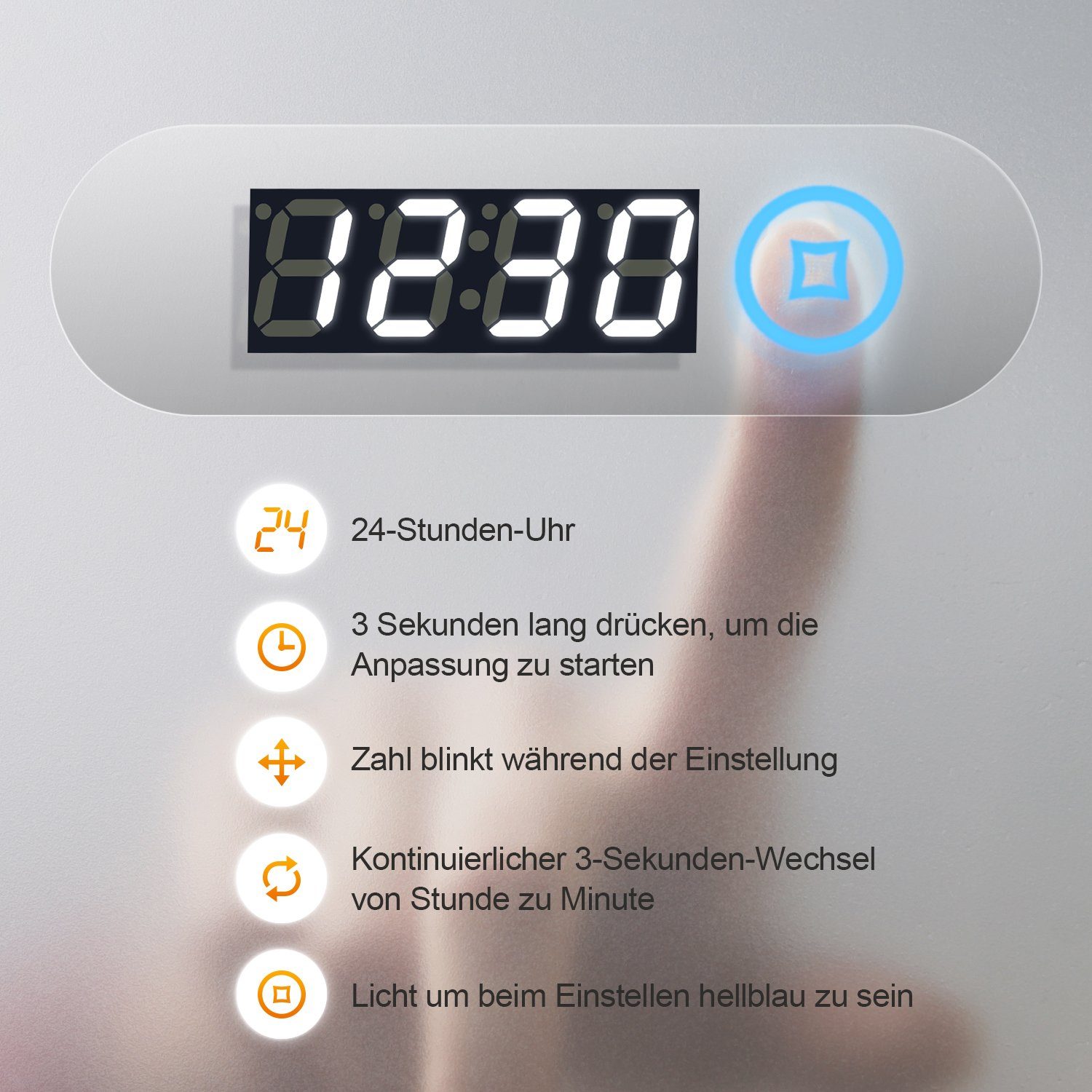 WDWRITTI Spiegel Bad mit uhr Touch Badspiegel mit beleuchtung 50x70 (Wandspiegel Helligkeit 3Lichtfarben, 3000-6500K), Speicherfunktion, IP44