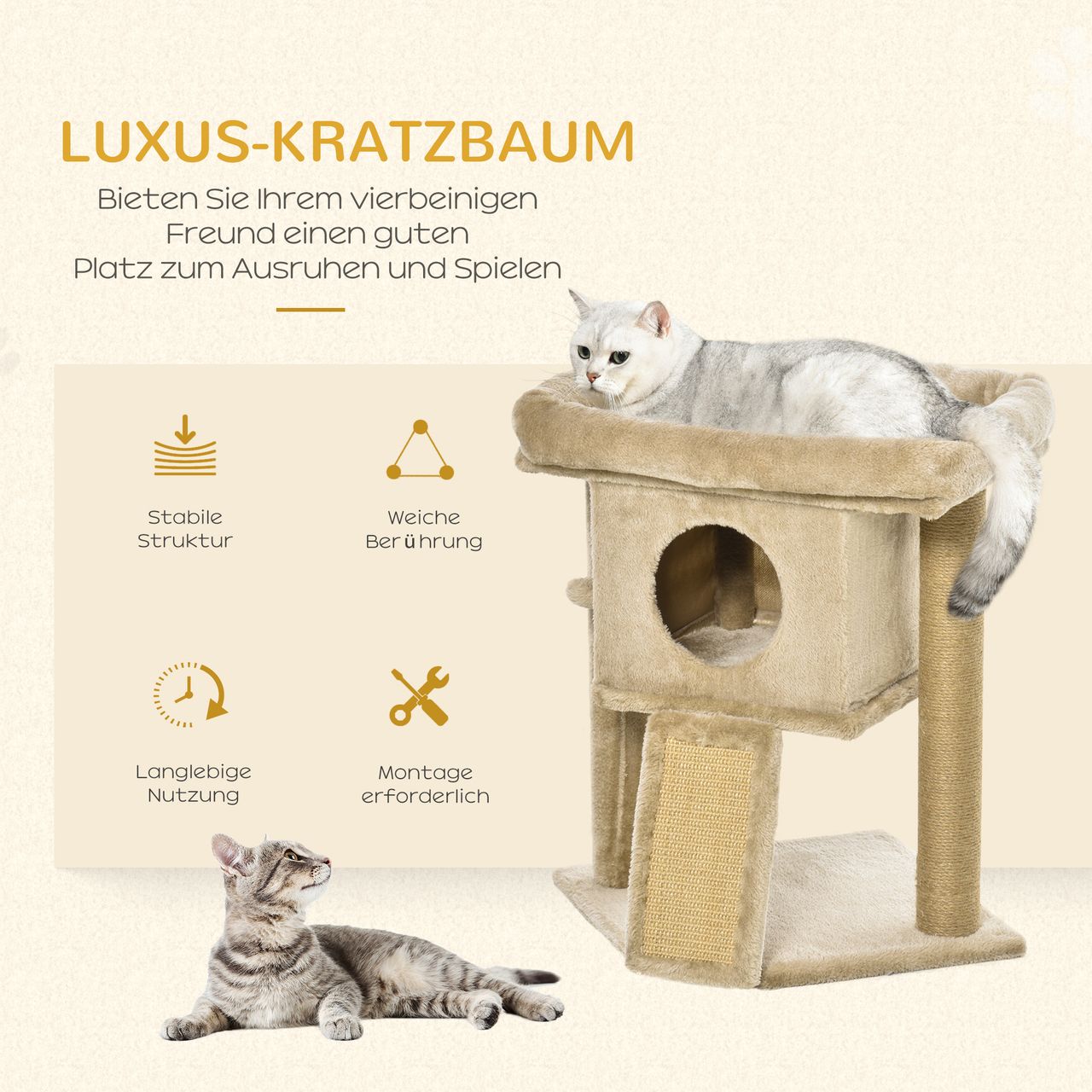 PawHut Kratzbaum mit Jute-Kratzmatte Katzenhaus Liegeplattform Spielball Kaffee