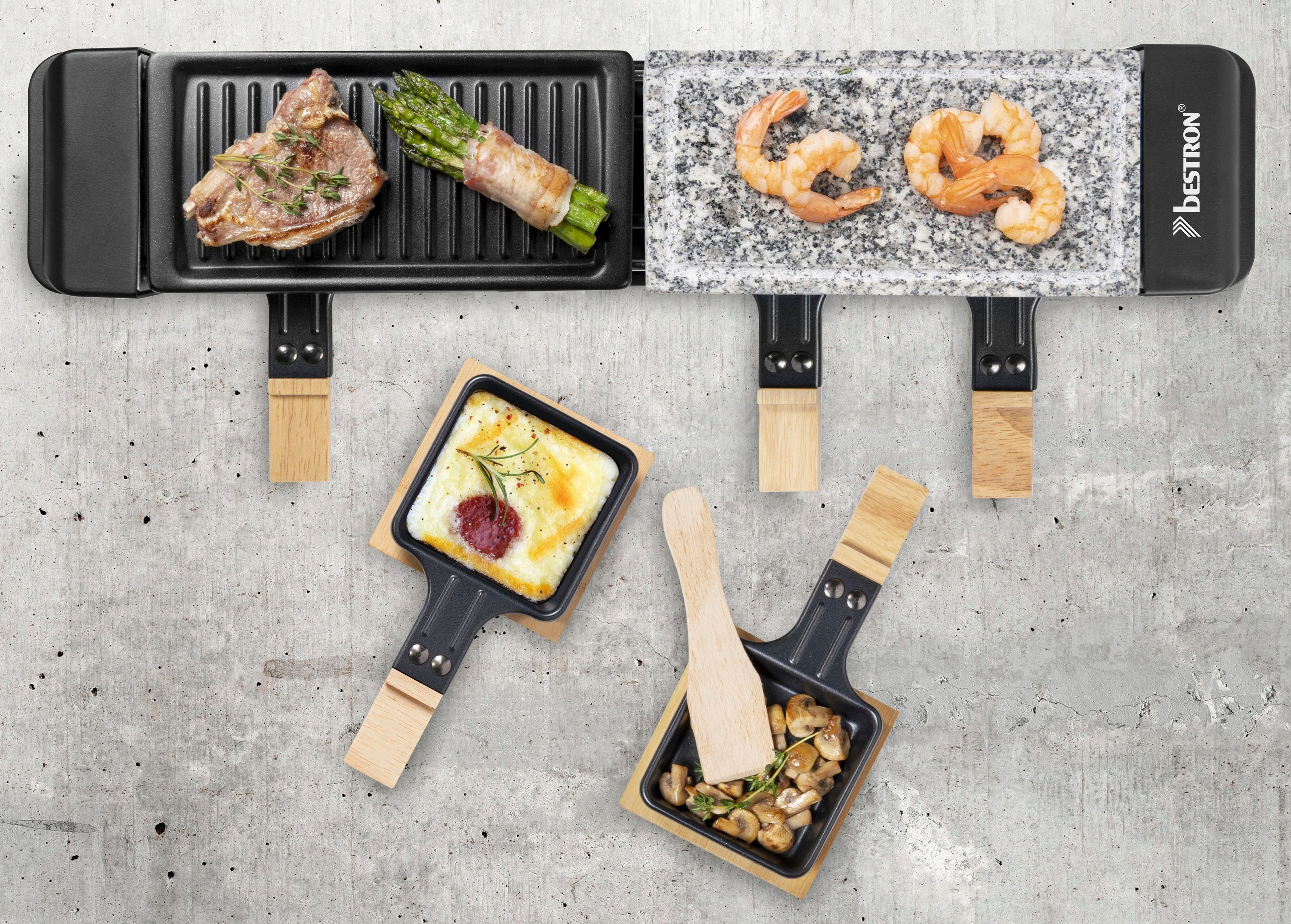 bestron Raclette Grill für 4 Personen, 4 Raclettepfännchen, 650 W, mit 4 Pfännchen, 4 Holzschaber & 4 Untersetzern