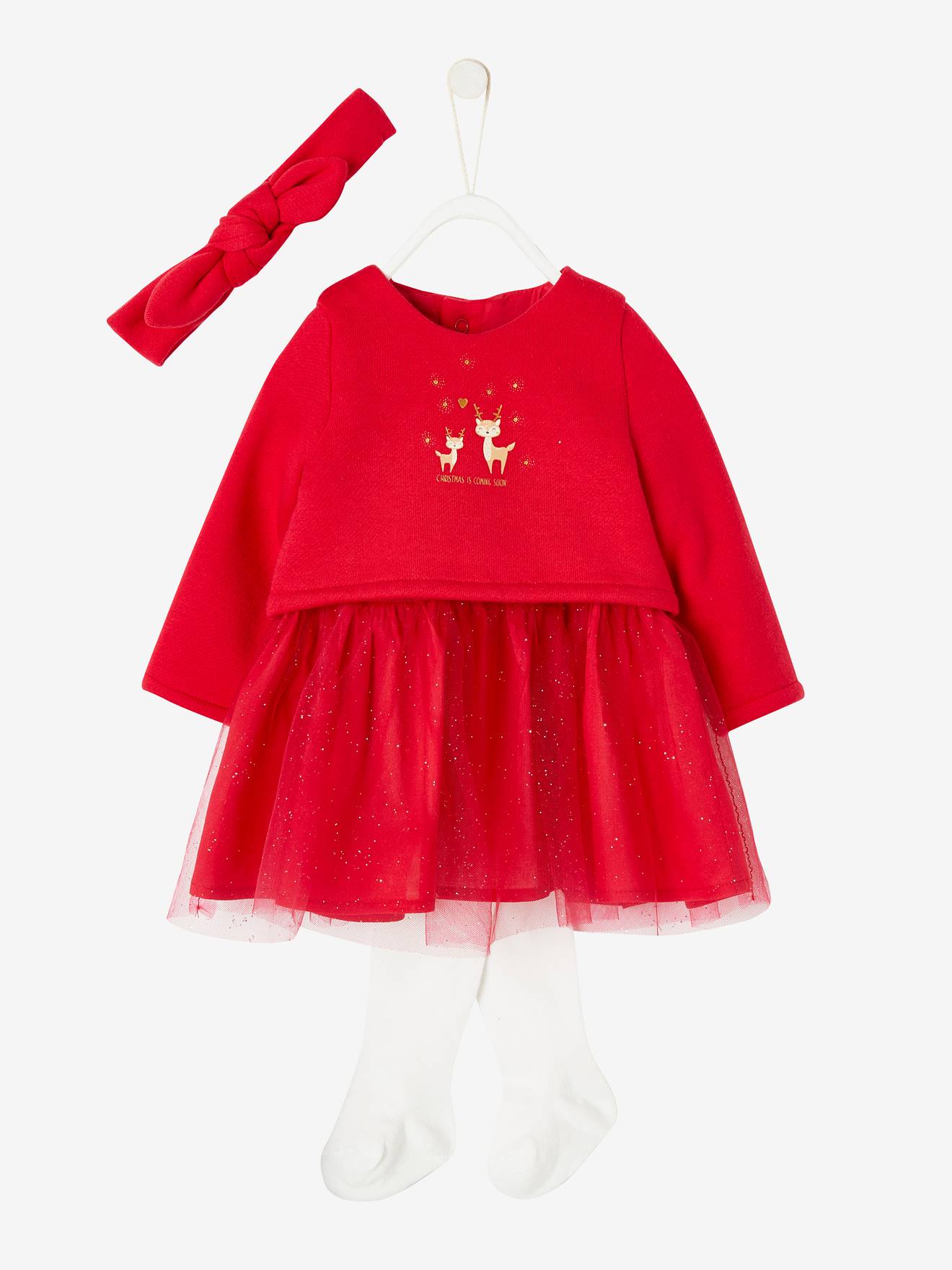 Robe de fêtes effet 2 en 1 et son bandeau bébé rouge brique