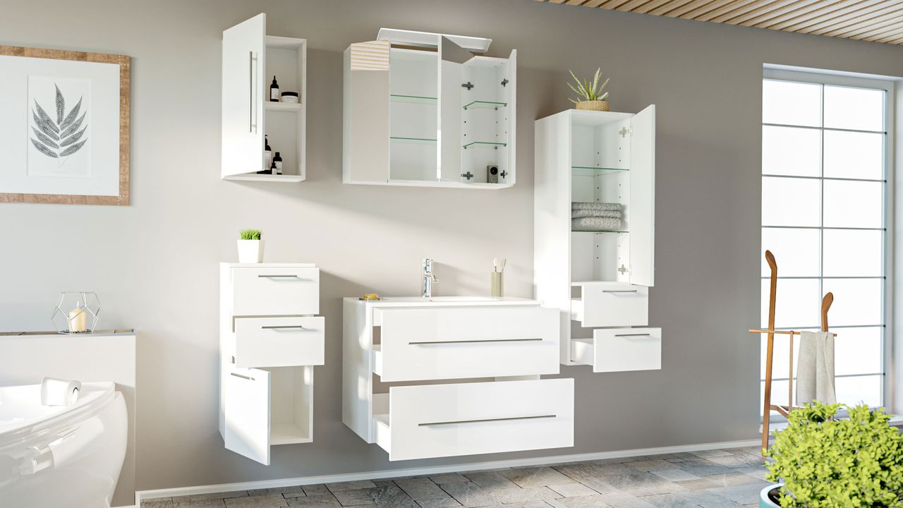 Posseik Badmöbel-Set HOMELINE 80 cm (5-teilig) weiß hochglanz EEK: F