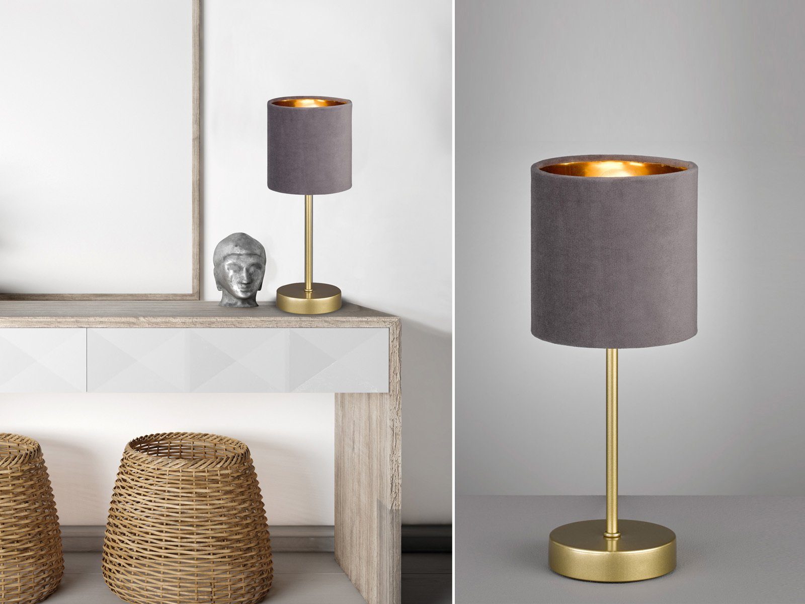meineWunschleuchte LED Nachttischlampe, Dimmfunktion, LED wechselbar, Warmweiß, ausgefallen-e Design-er mit Samt Lampenschirm Grau Gold-en, H: 34cm
