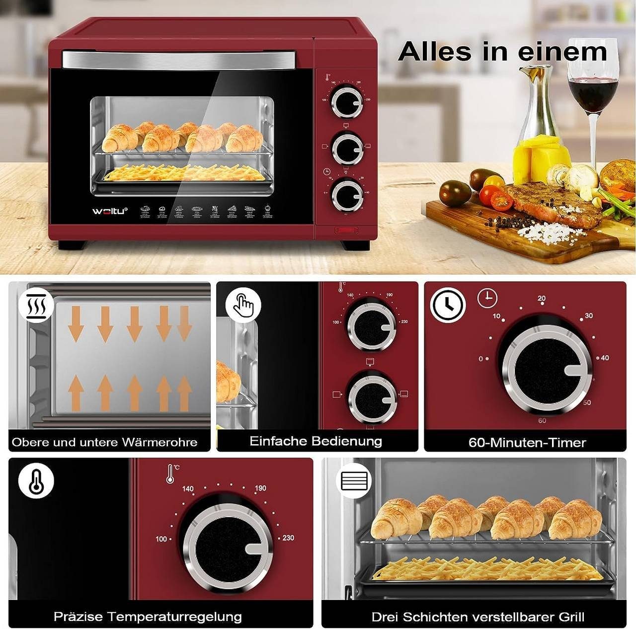 Woltu Minibackofen, Mini Backofen 21L,1280W,Timer 60 Min