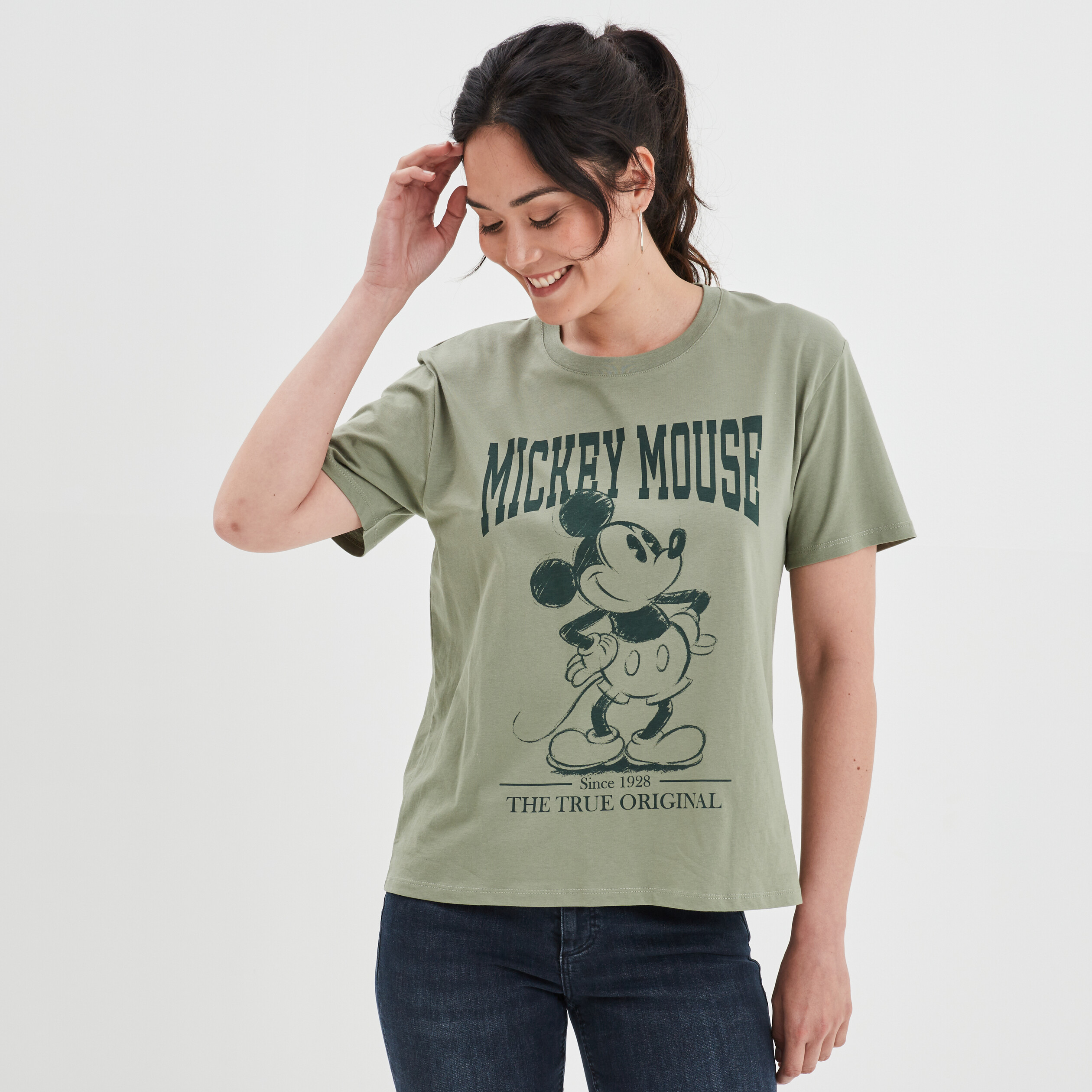 T-shirt droit col rond coton Mickey vert kaki femme | La Halle