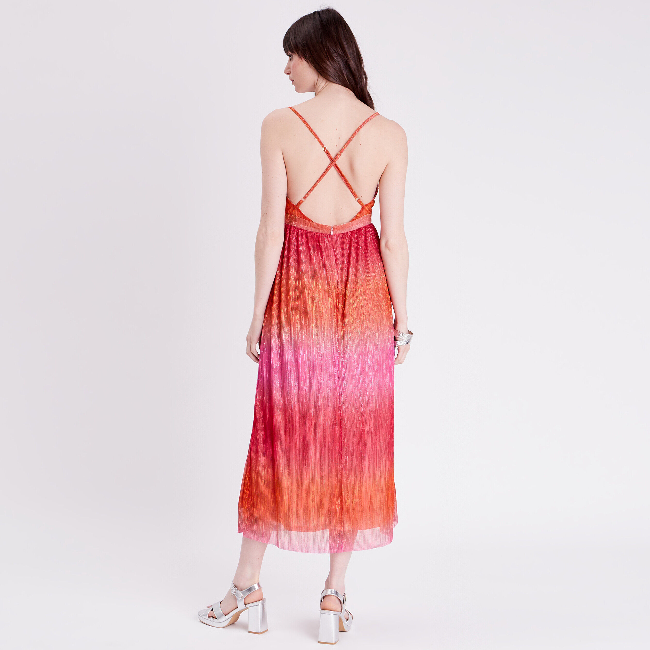 Robe longue évasée dos ouvert rose femme | Cache Cache