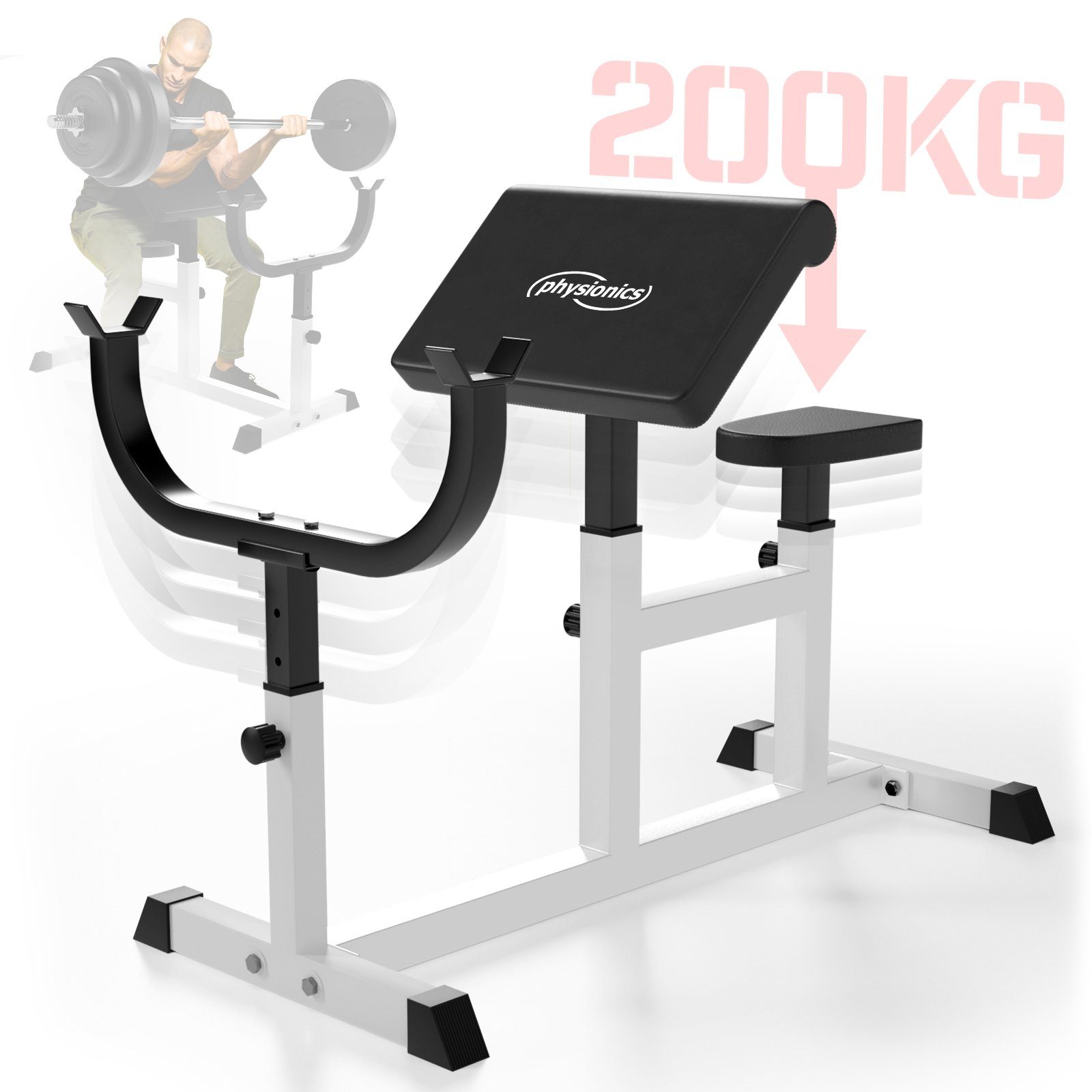 Physionics Hantelbank Curlbank - Sitz 5-Fach, Armlehne 4-Fach, Langhantelablage 6-Fach höhenverstellbar, bis 200 kg belastbar- Curl Hantelbank, Curlpult, Bizepsbank, Scottbank, Curl-Maschine