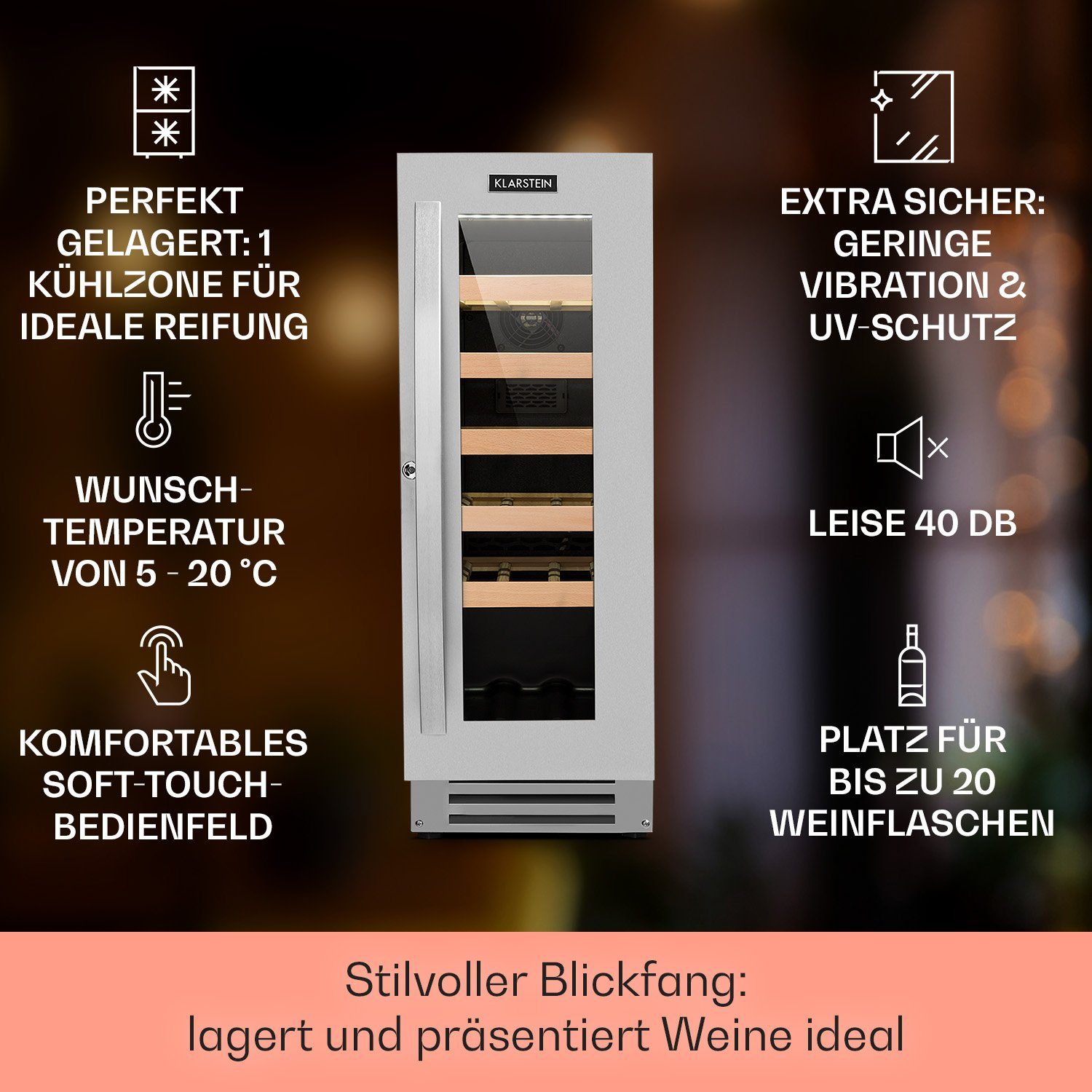 Klarstein Weinkühlschrank Vinovilla Smart, für 20 Standardflaschen á 0,75l,Wein Flaschenkühlschrank Weintemperierschrank Weinschrank Kühlschrank