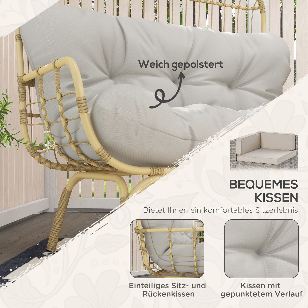 Outsunny Gartensofa 2 Sitzer Rattansofa mit Armlehne, Gepolstertem Kissen, Grau