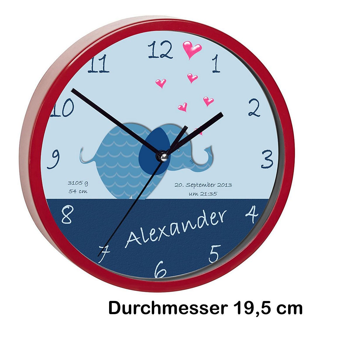 Kinder Wanduhr personalisiert mit Name Elefant blau