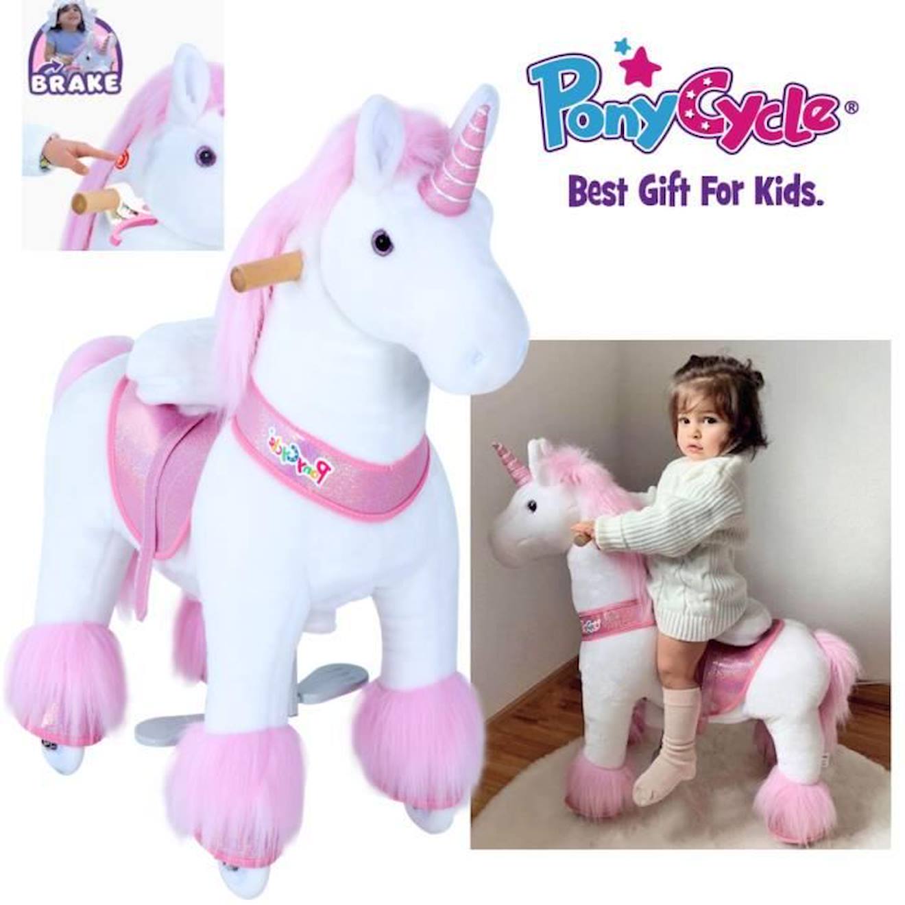 PonyCycle Modèle U à enfourcher Animal qui marche Peluche licorne rose à roulettes avec frein Taille 3 pour les 3-5 ans Ux302 rose
