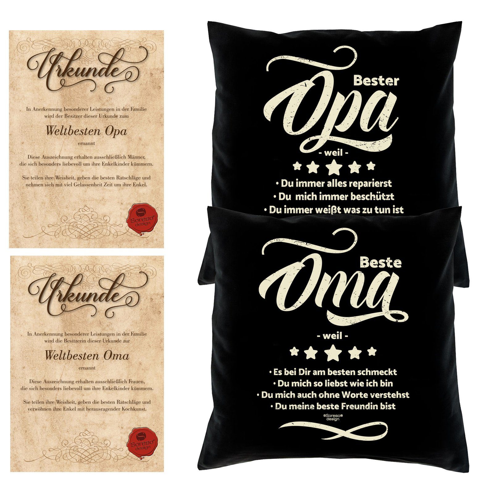 Soreso® Dekokissen Kissen mit Füllung im Set Oma Opa, Geburtstagsgeschenk Weihnachtsgeschenk Großeltern
