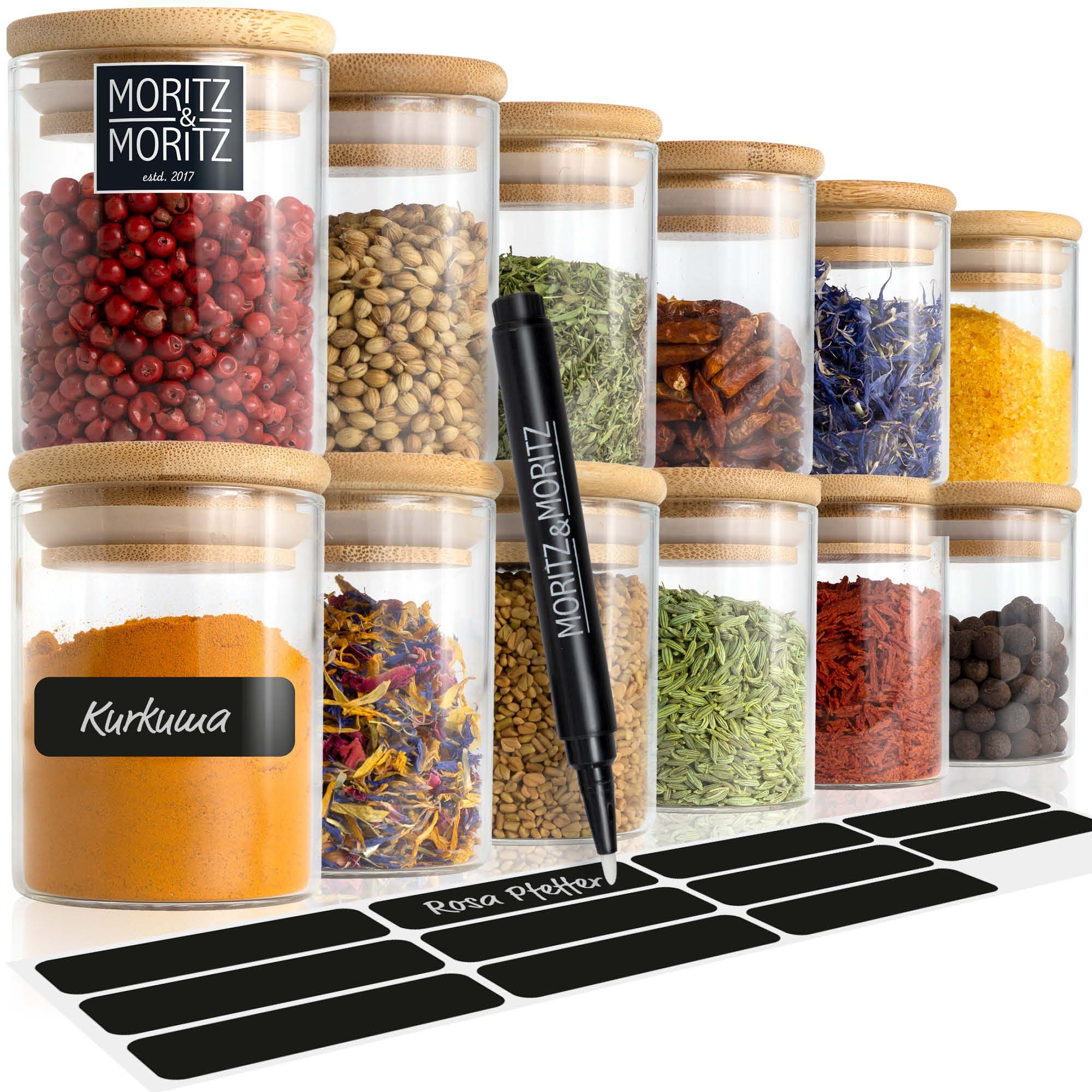 Moritz & Moritz Gewürzbehälter Gewürzgläser rund, Glas, (12er Set), Luftdichte Gewürzgläser rund für Gewürze