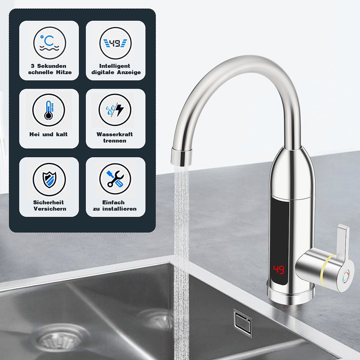 iscooter Klein-Durchlauferhitzer Elektrisch Temperaturanzeige einstellbar schwenkbar Wasserhähnen, Temperaturanzeige 30-60 ℃, IPX4 Küchenarmatur