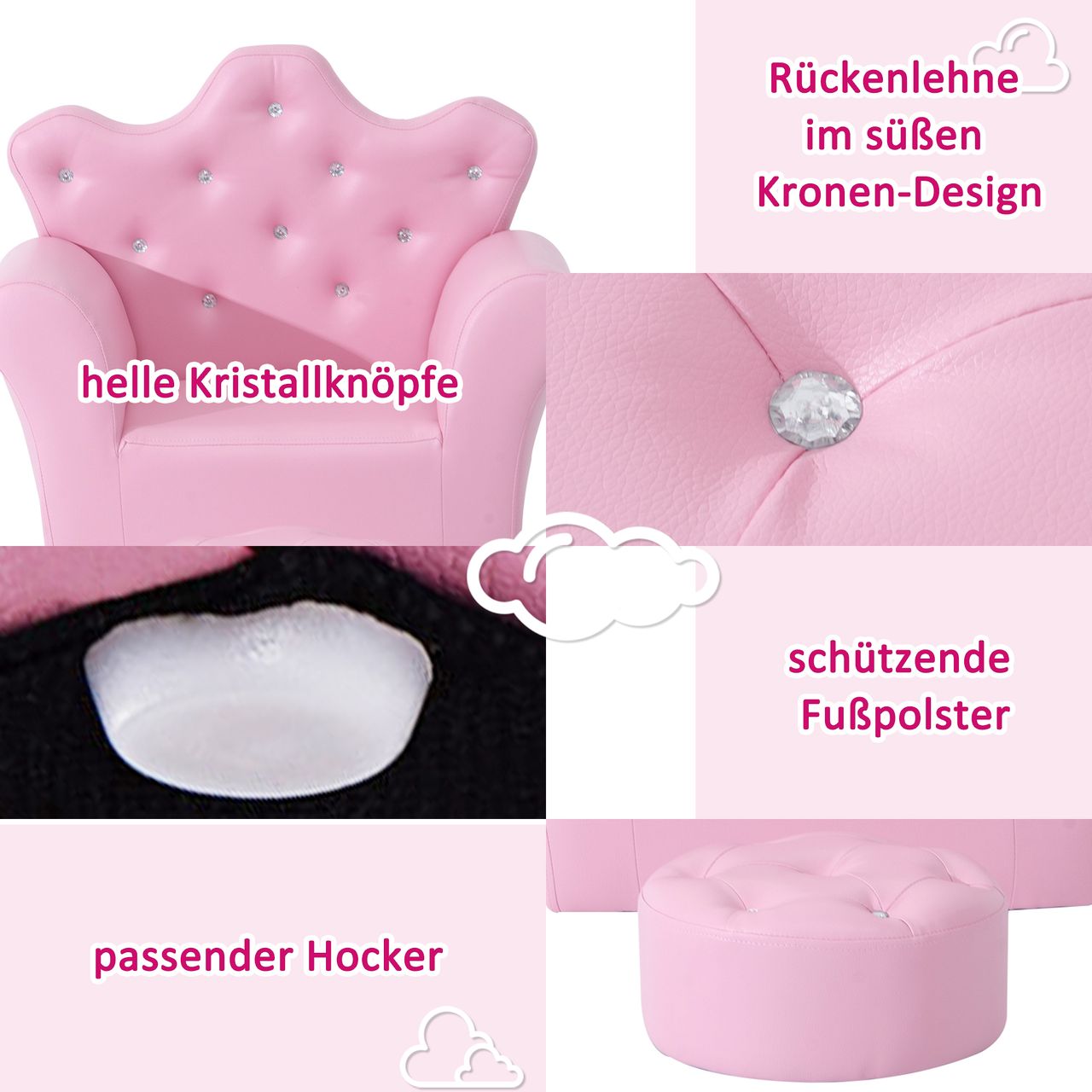 HOMCOM Kindersofa mit Ottomane Kindercouch in Kronenform Kindersessel Rosa